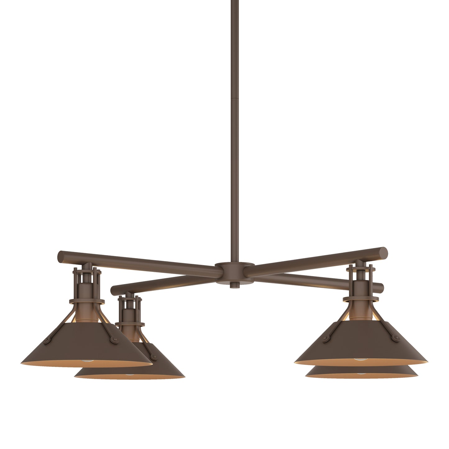 Hubbardton Forge Henry Outdoor 4-Light Pendant with four industrial cone-shaped brown metal shades, showcasing modern American craftsmanship.