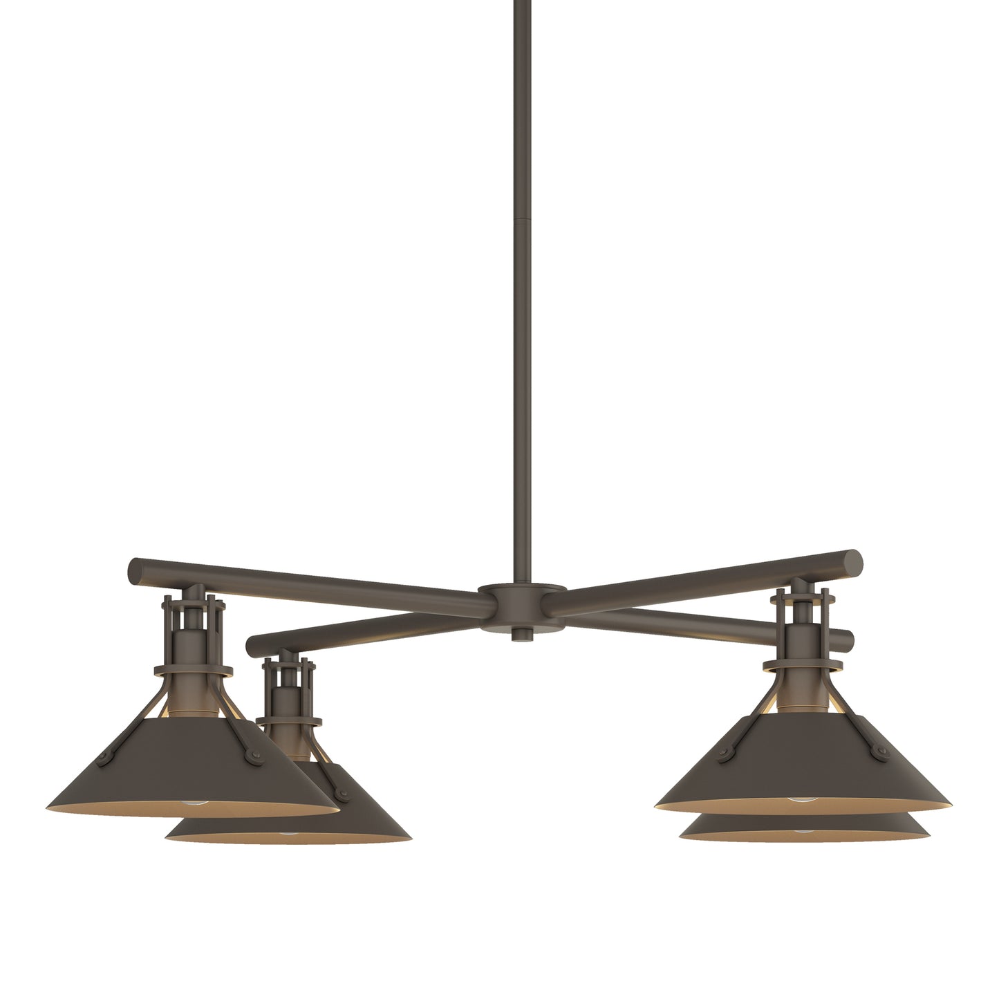 Henry Outdoor 4-Light Pendant by Hubbardton Forge with angled metal shades and central rod, finished in dark bronze, highlighting modern craftsmanship.