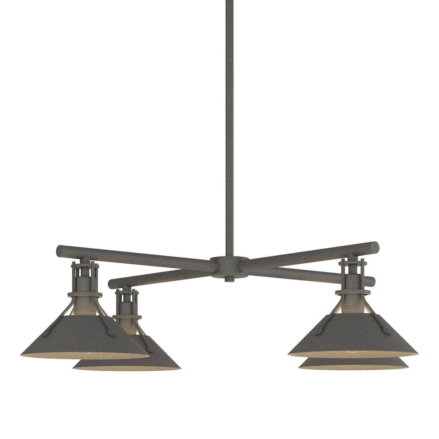 Henry Outdoor 4-Light Pendant by Hubbardton Forge with industrial design, featuring dark metal cone shades and a straight rod.