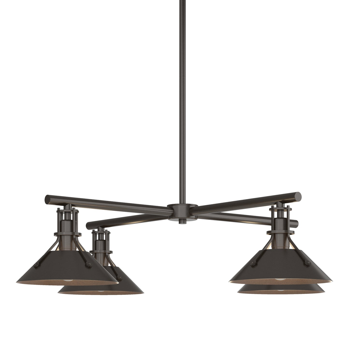 Henry Outdoor 4-Light Pendant by Hubbardton Forge with four industrial-style conical metal shades, highlighting its elegant design and craftsmanship.