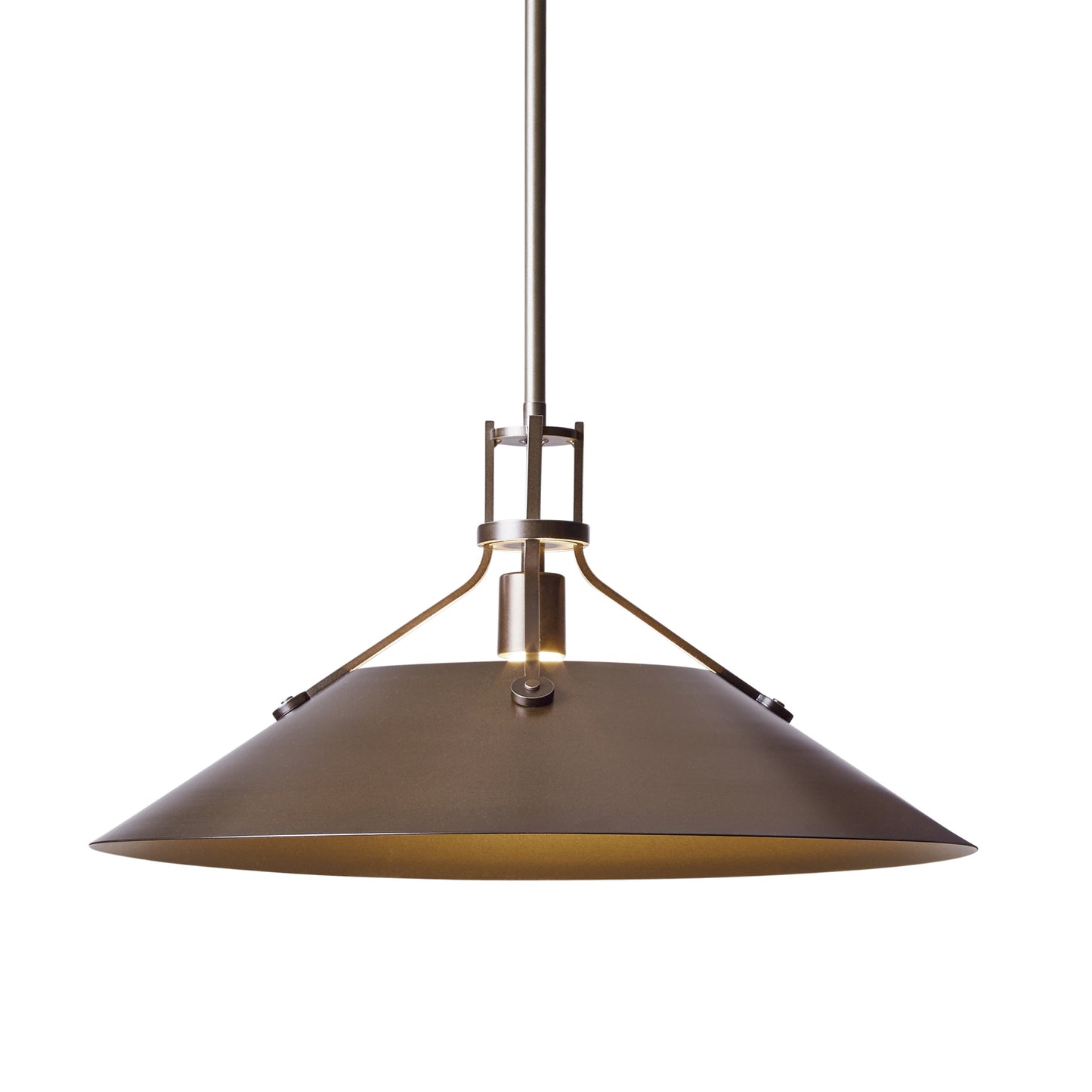 Hubbardton Forge Henry Outdoor Pendant with a wide, hand-forged metal cone shade and single rod, showcasing modern industrial craftsmanship.