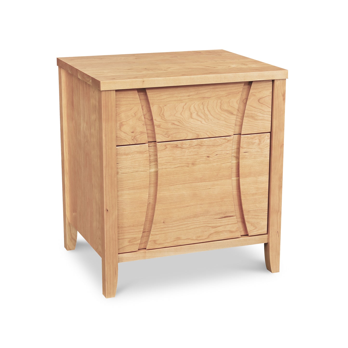 Holland 1-Drawer Nightstand with Door by Lyndon Furniture in light wood finish, showcasing curved design and sustainable craftsmanship.