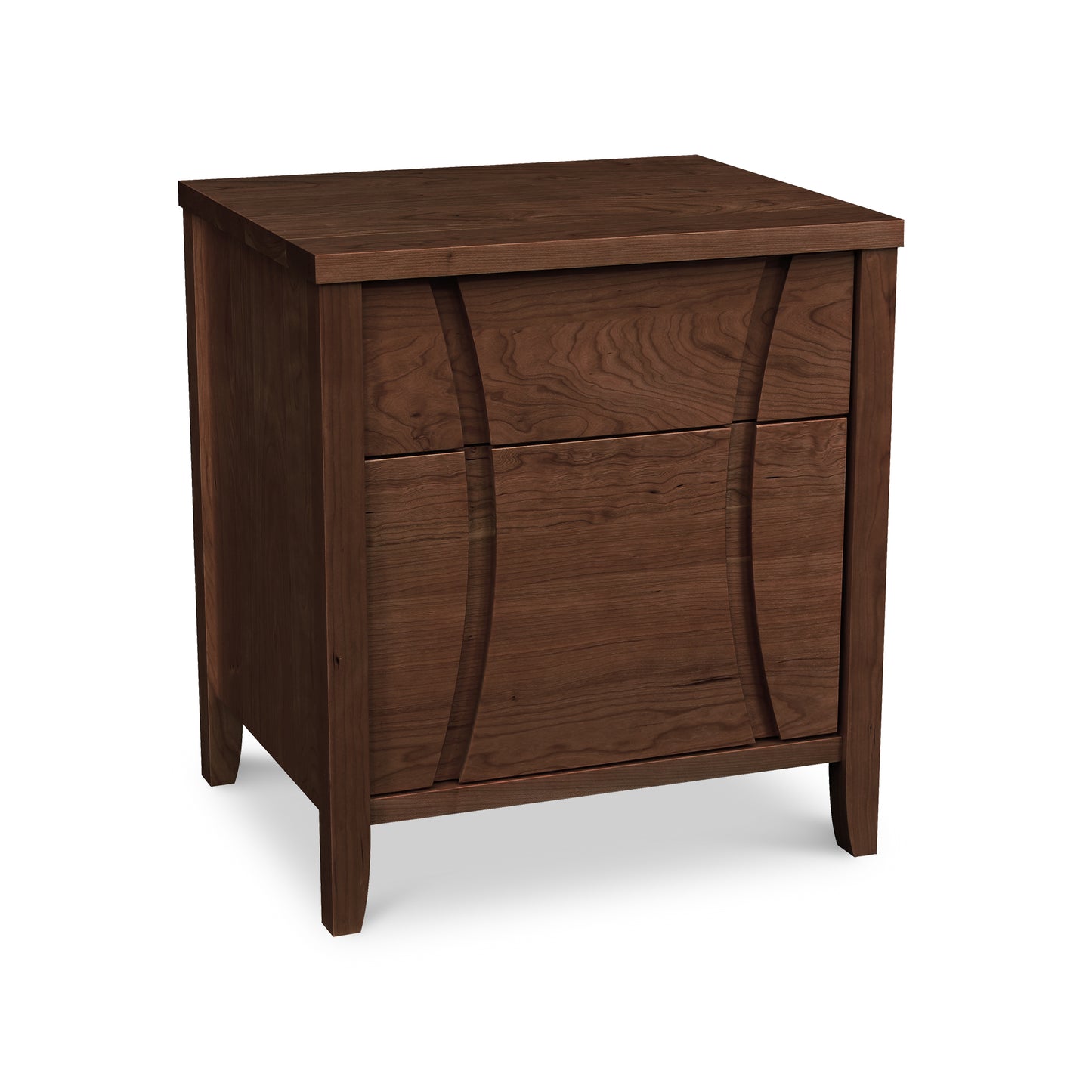 Holland 1-Drawer Nightstand with Door by Lyndon Furniture, featuring a flat top, curved details, and customizable finish options.