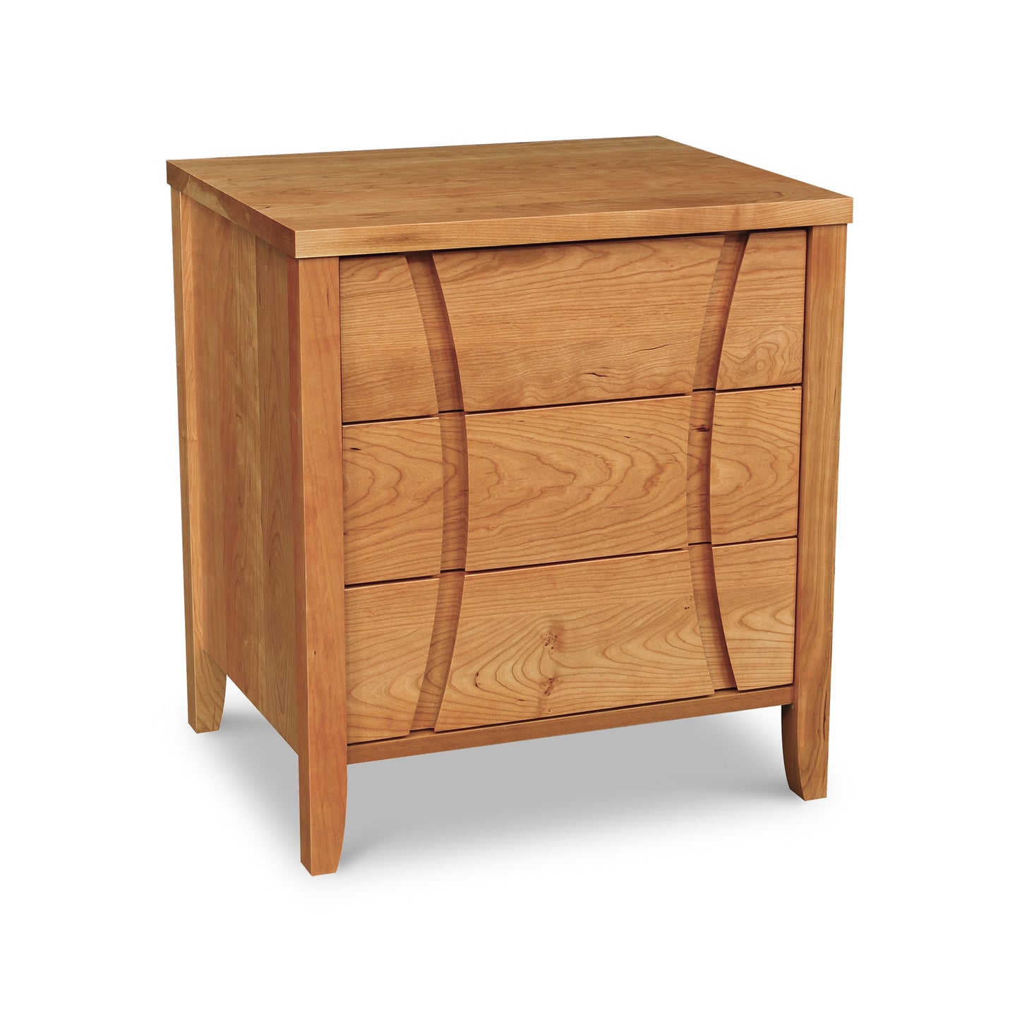 Lyndon Furniture Holland 3-Drawer Nightstand with curved accents and sustainable wood, showcasing its elegant design.