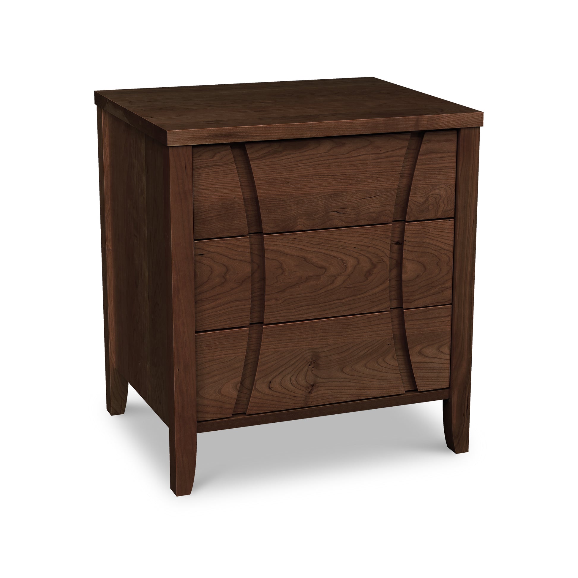 Holland 3-Drawer Nightstand by Lyndon Furniture, crafted from sustainable dark wood with a curved front design, showcasing quality American craftsmanship.