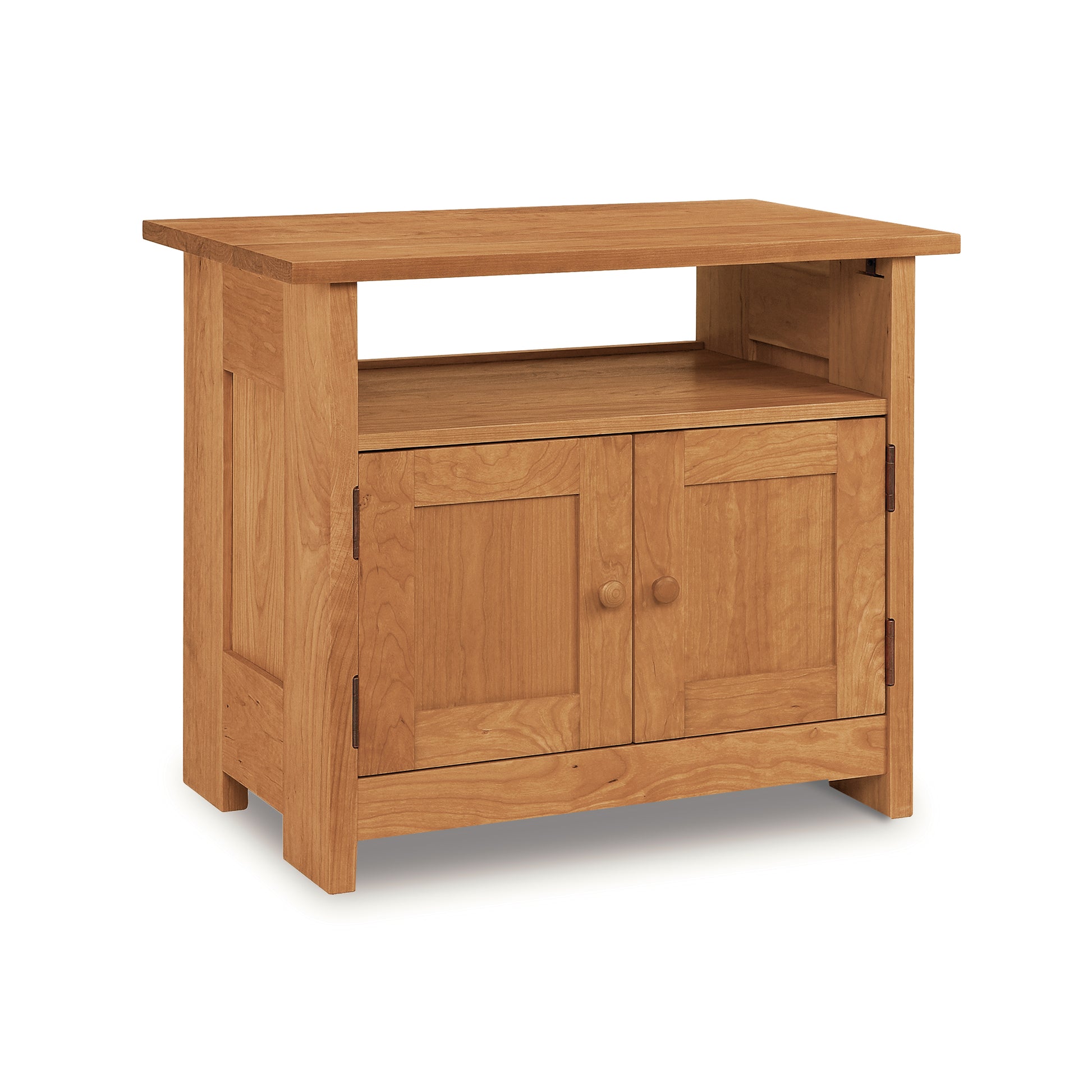 Handcrafted Homestead Small TV Stand by Vermont Furniture Designs, featuring a natural wood finish, two doors, and a shelf.