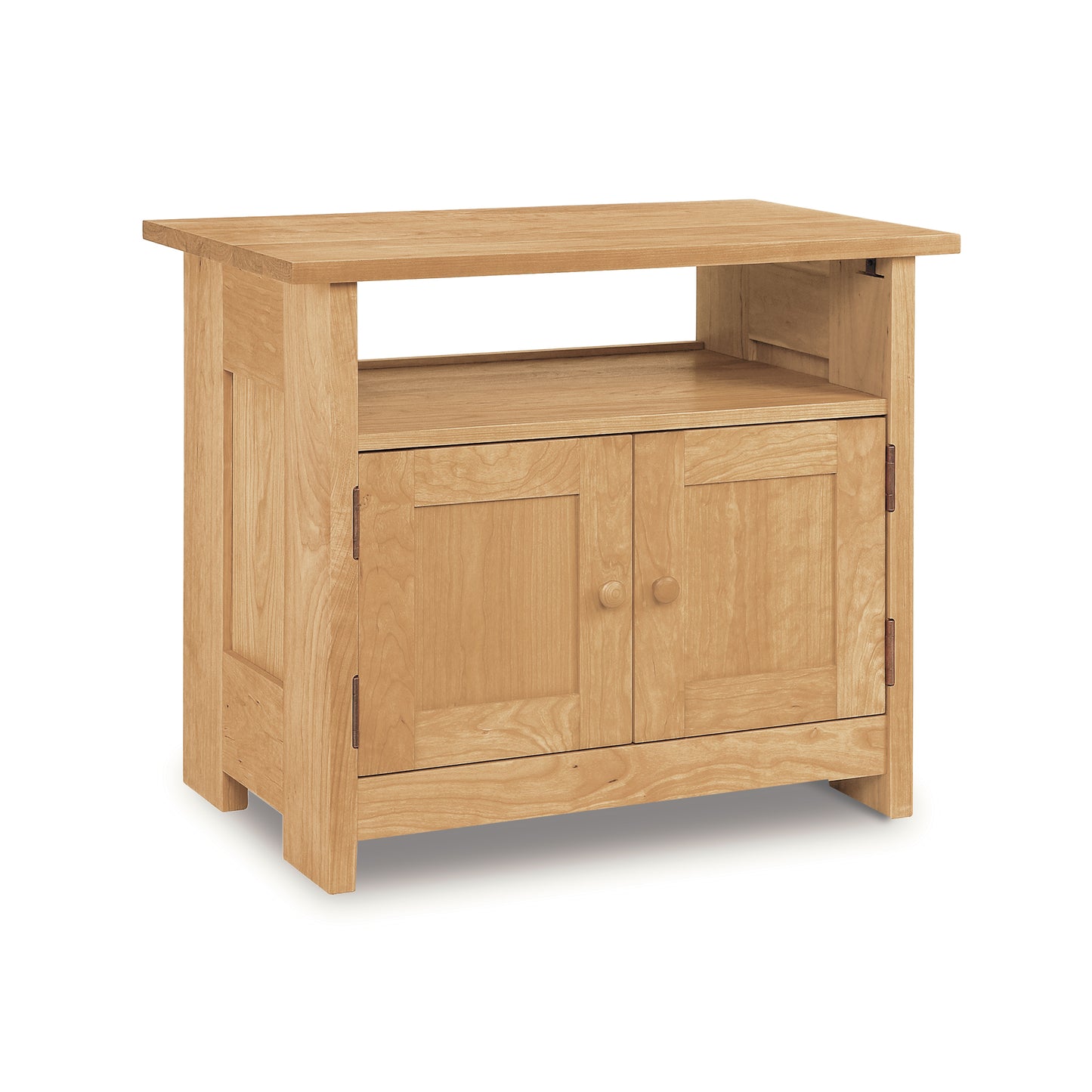 Handcrafted Vermont Furniture Designs TV stand with natural finish, two doors with round knobs, and an open shelf.