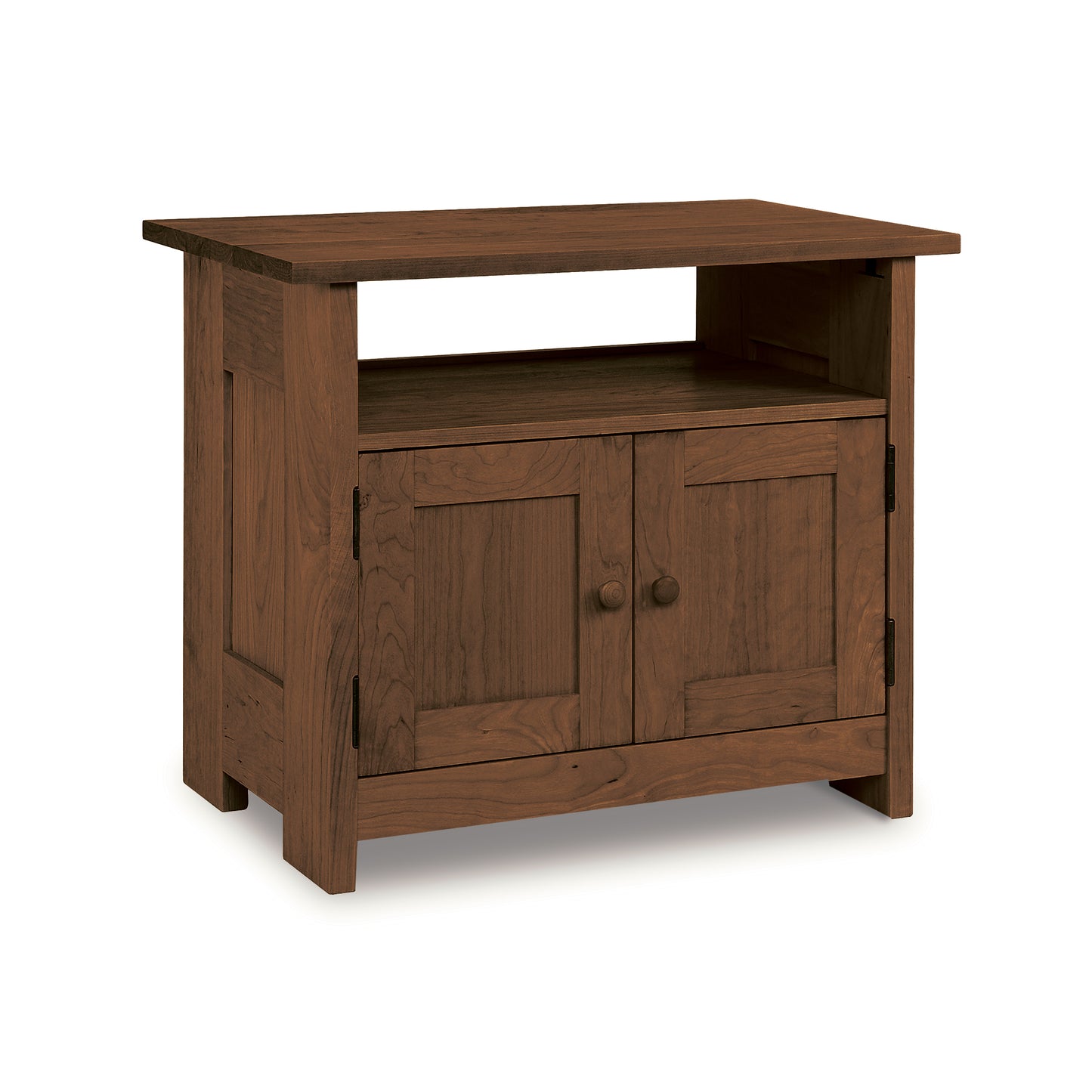 Homestead Small TV Stand by Vermont Furniture Designs, handcrafted in wood, featuring a top shelf and paneled doors in rustic brown.