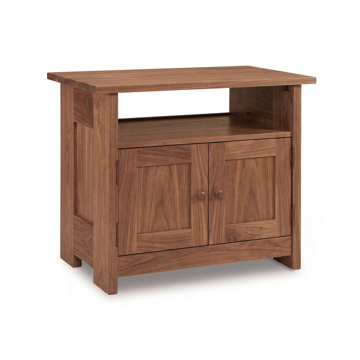 Homestead Small TV Stand by Vermont Furniture Designs, handcrafted in wood, featuring a top shelf and paneled doors in rustic brown.