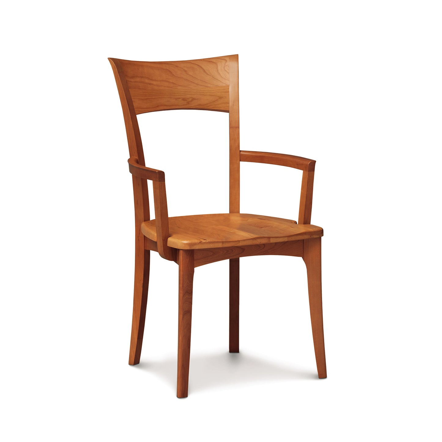 Copeland Furniture Ingrid Shaker Chair with wood seat, curved backrest, and armrests, highlighting its craftsmanship and design details.