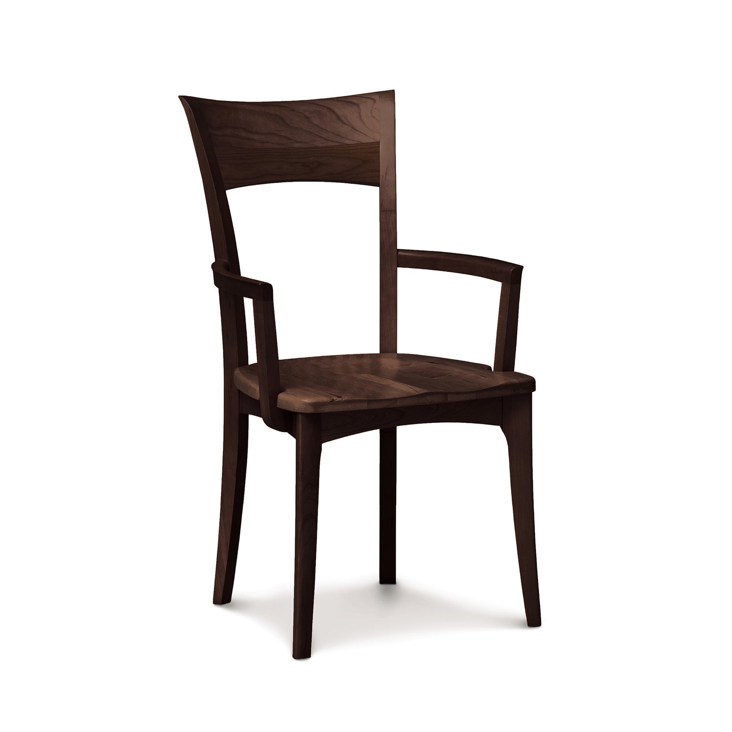 A Copeland Furniture Ingrid Shaker dining chair with armrests, crafted from solid wood and isolated on a white background.