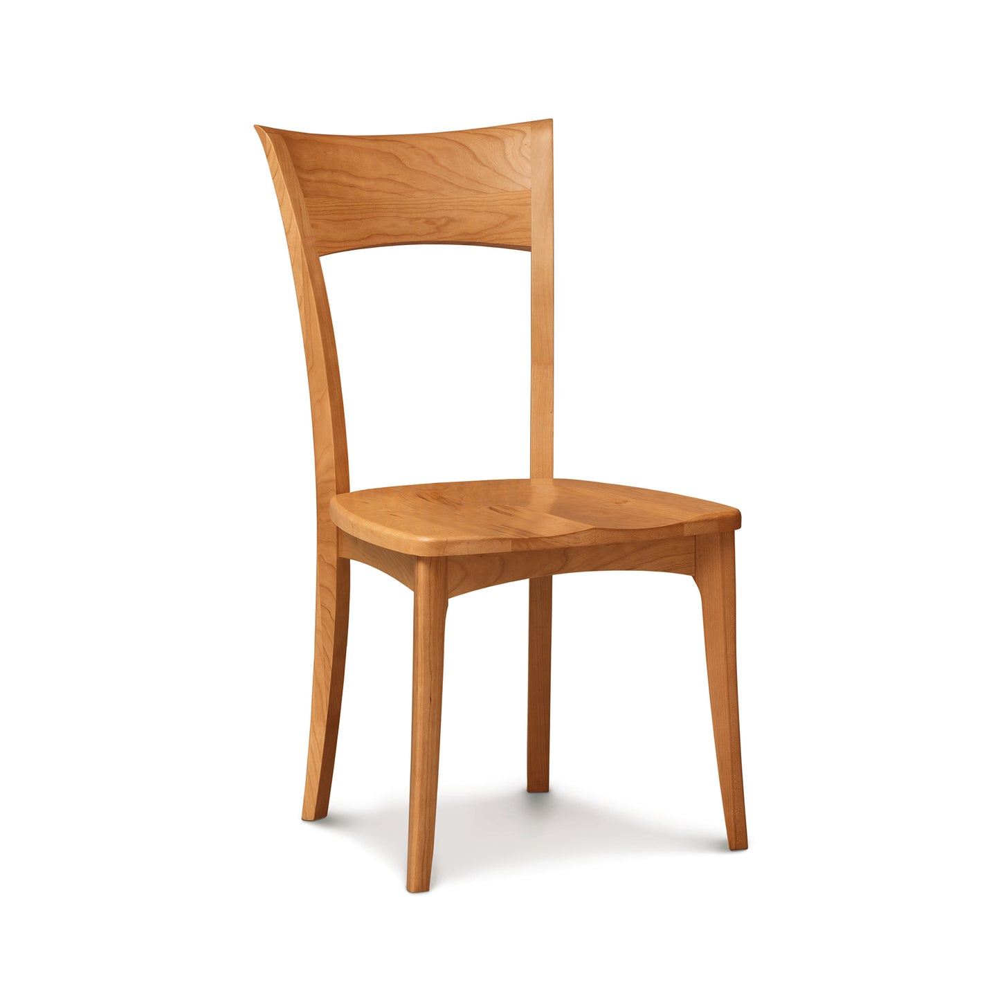 A Ingrid Shaker Chair with Wood Seat dining chair with a curved backrest and four legs, crafted from American cherry wood, isolated on a white background. Brand: Copeland Furniture