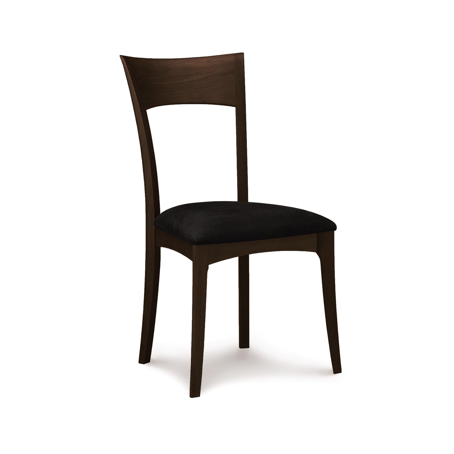 Copeland Furniture Ingrid Chair with a dark cherry wood frame and black upholstered seat, highlighting its sleek, modern design.