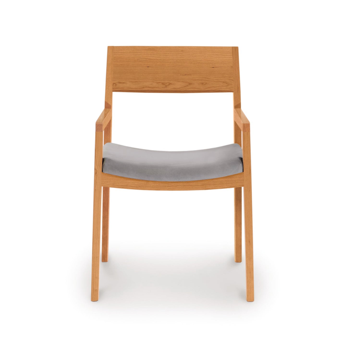 Gray cushioned Copeland Furniture Iso Chair with straight backrest, crafted from sustainably sourced hardwoods.