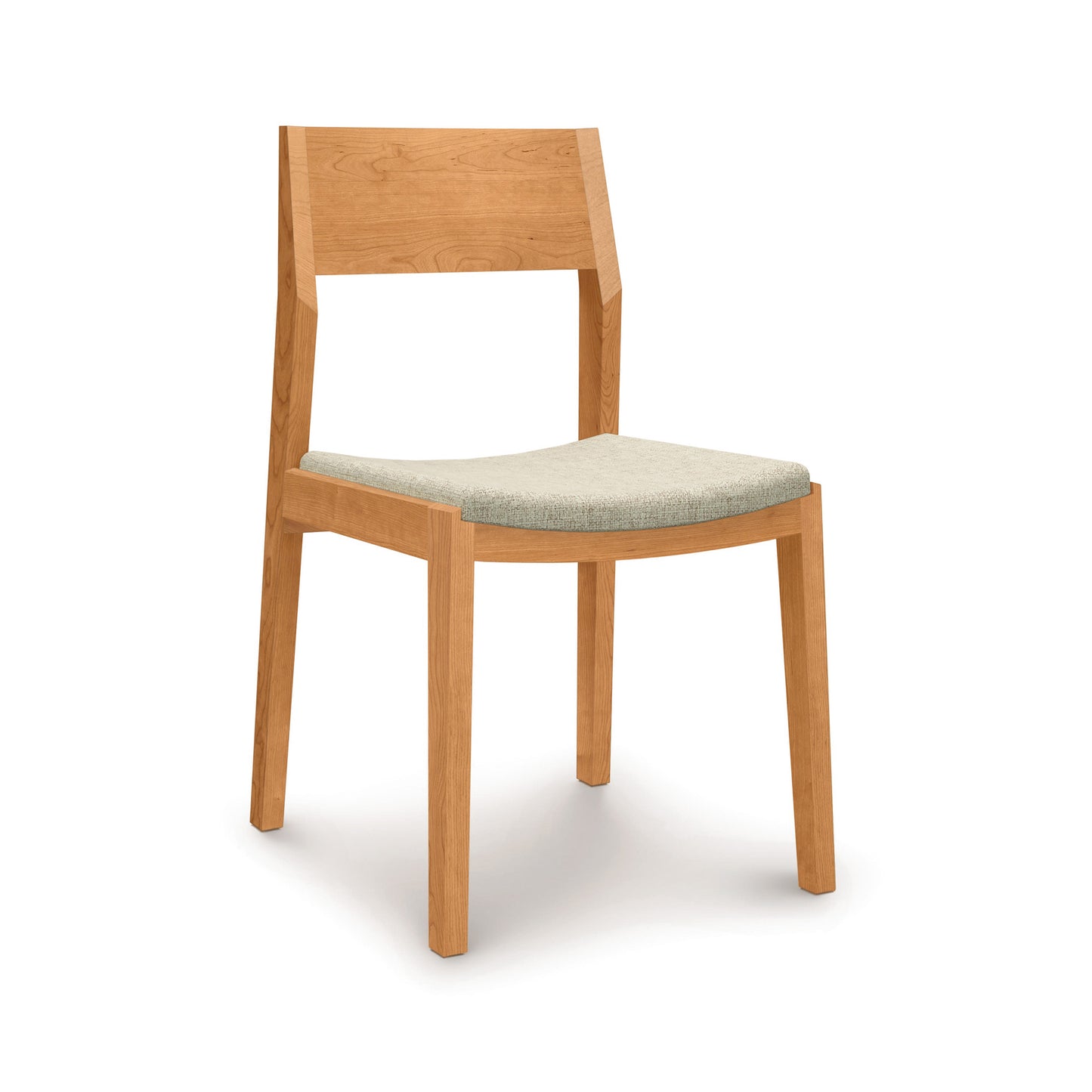 A wooden dining chair with a beige upholstered seat.