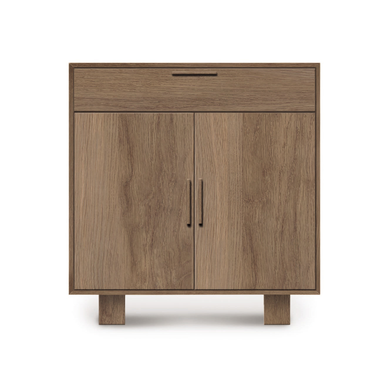 Iso 2 Door, 1 Drawer Buffet with a single drawer and two doors, crafted in solid oak wood on a white background by Copeland Furniture.