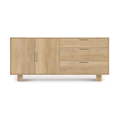 A modern Iso 2 Door, 3 Side Drawer Buffet sideboard with solid wood construction, featuring two doors and three drawers on short legs, isolated against a white background. (Brand: Copeland Furniture)