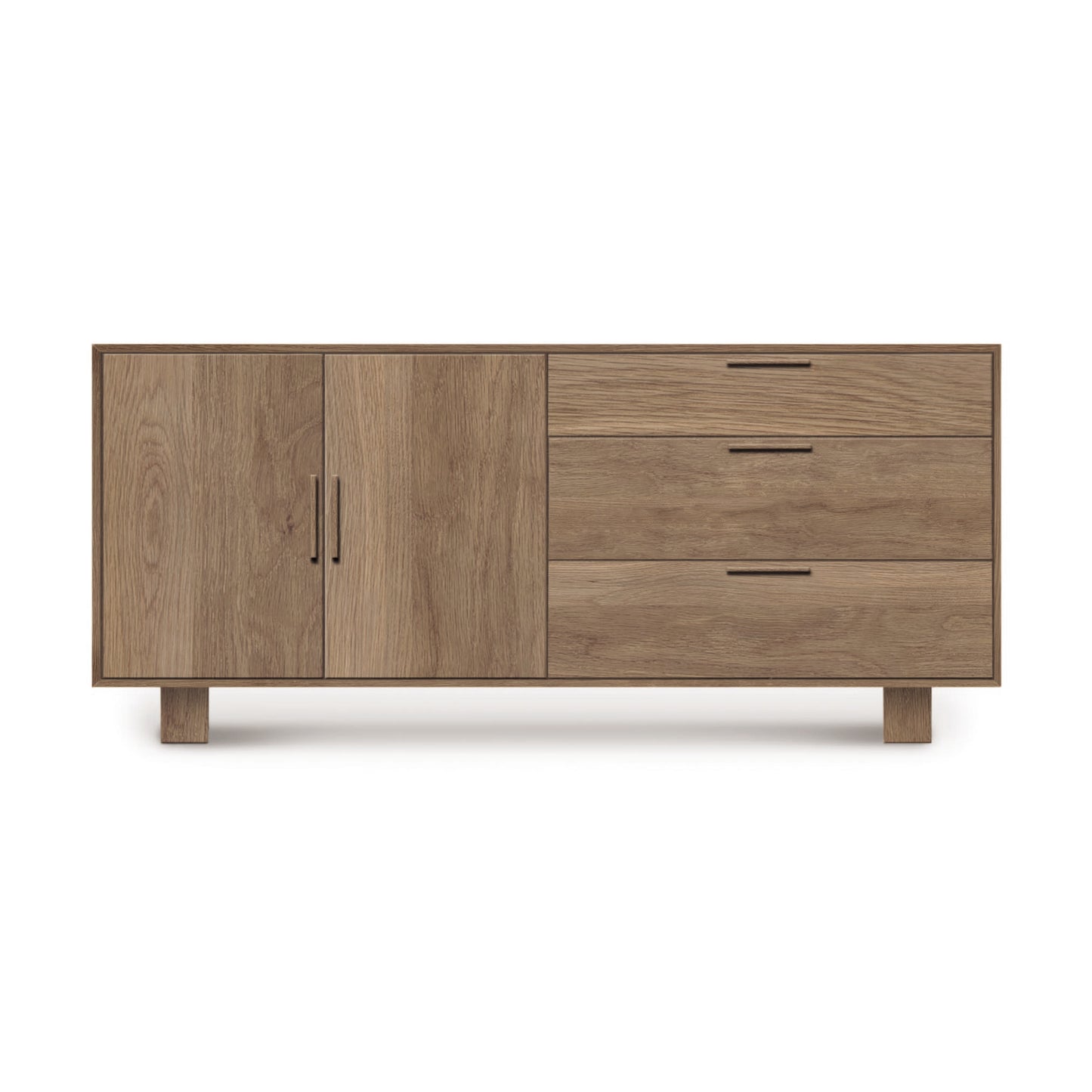 Copeland Furniture Iso Oak 2 Door, 3 Side Drawer Buffet: Modern buffet with two doors and three drawers on short legs, isolated on a white background, crafted from solid wood construction.