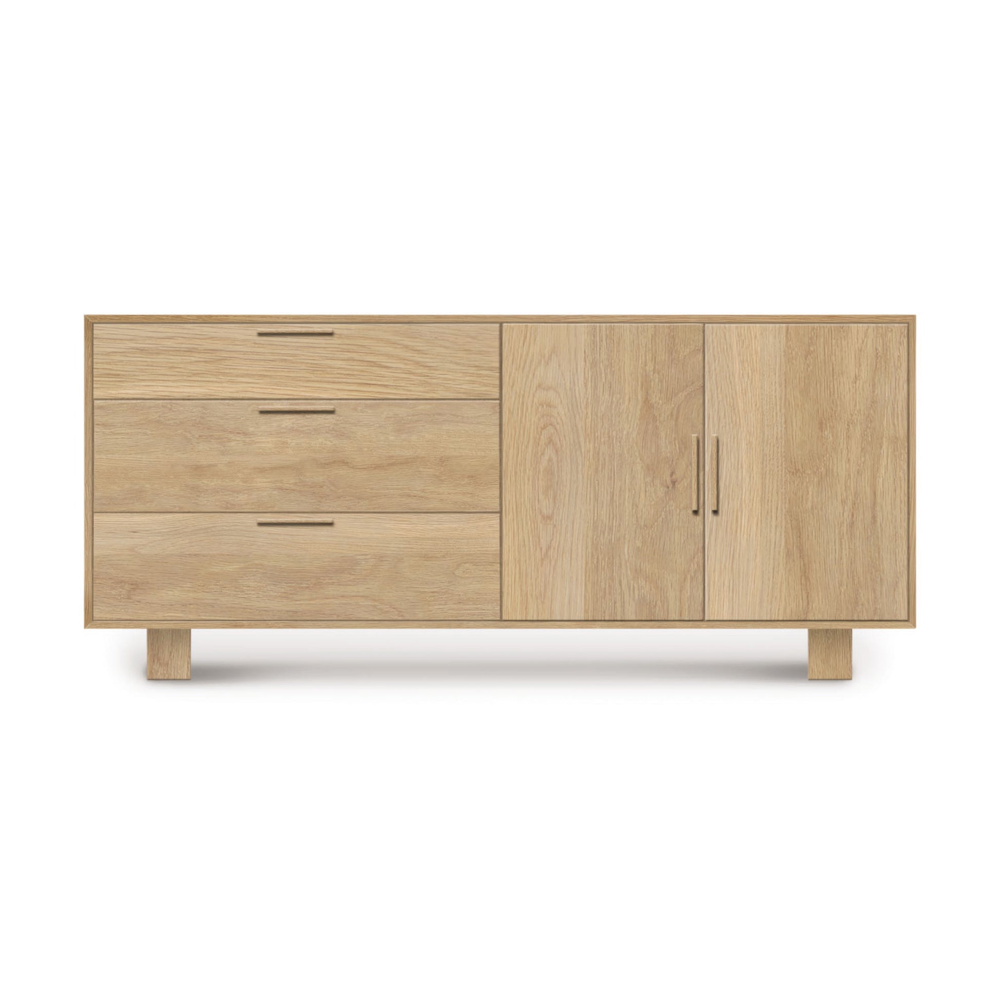 A modern buffet crafted from Copeland Furniture's Iso Oak 2 Door, 3 Side Drawer Buffet, with three drawers on the left and two doors on the right, standing on short legs, against a white background.