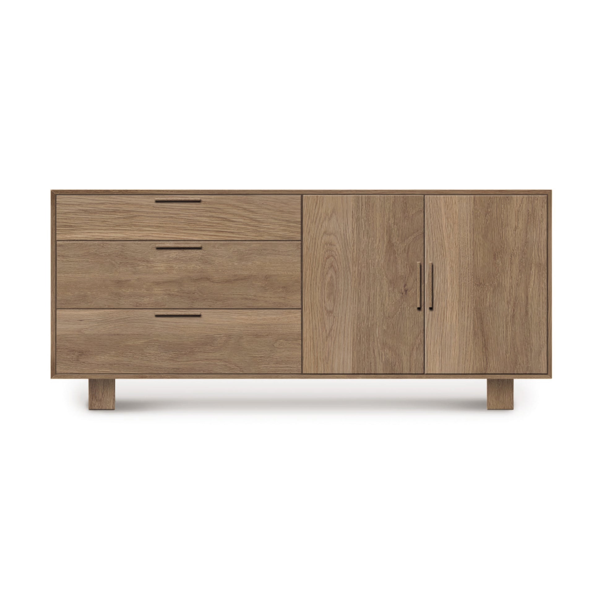 A modern Copeland Furniture Iso 2 Door, 3 Side Drawer Buffet with three drawers on the left and two doors on the right, all showcasing solid wood construction, set against a plain white background.