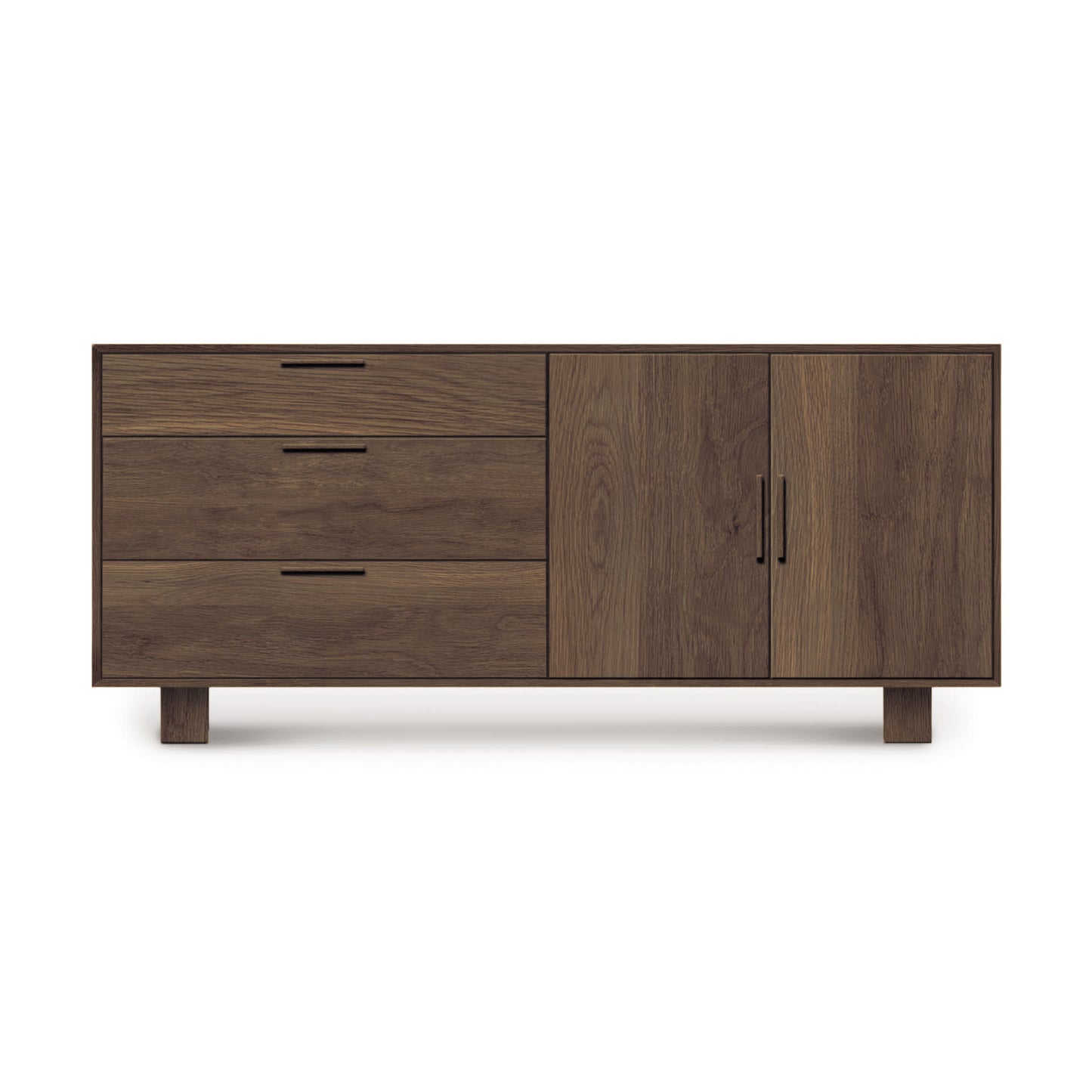 Copeland Furniture's Iso 2 Door, 3 Side Drawer Buffet: A modern buffet with three drawers on the left and two doors on the right, set against a white background, featuring solid wood construction.