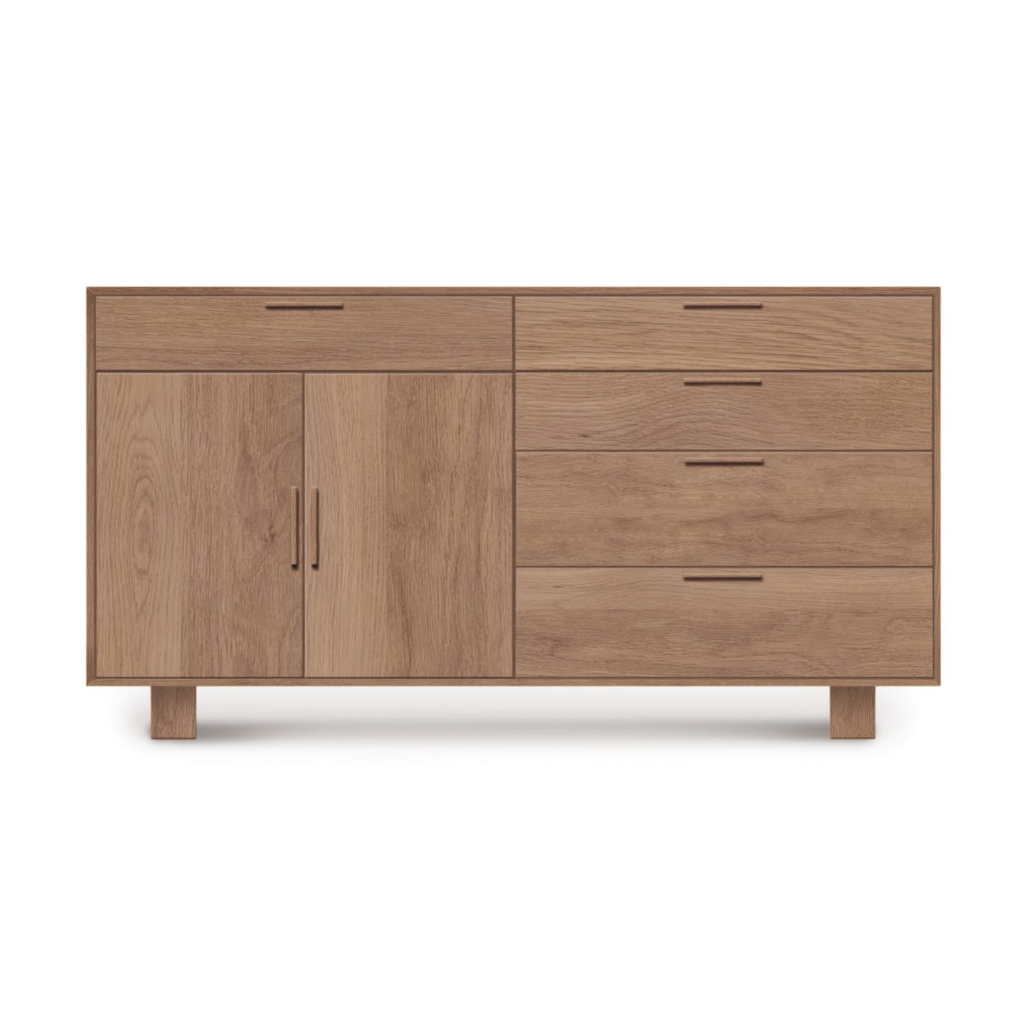 A modern solid hardwood Iso Oak 2 Door, 5 Drawer Buffet from Copeland Furniture, isolated against a white background.