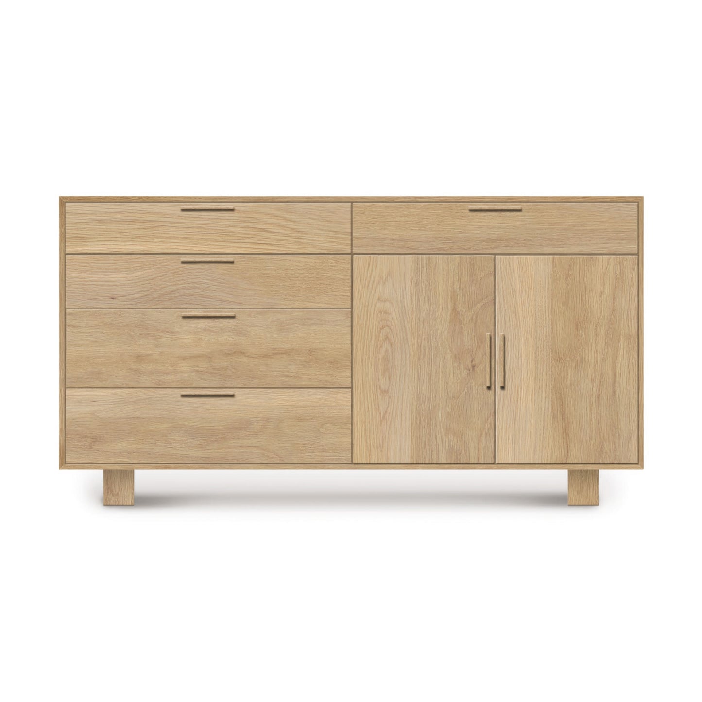 Copeland Furniture Iso Oak 2 Door, 5 Drawer Buffet sideboard with three drawers on the left and two doors on the right, isolated on a white background, crafted from solid hardwood oak.
