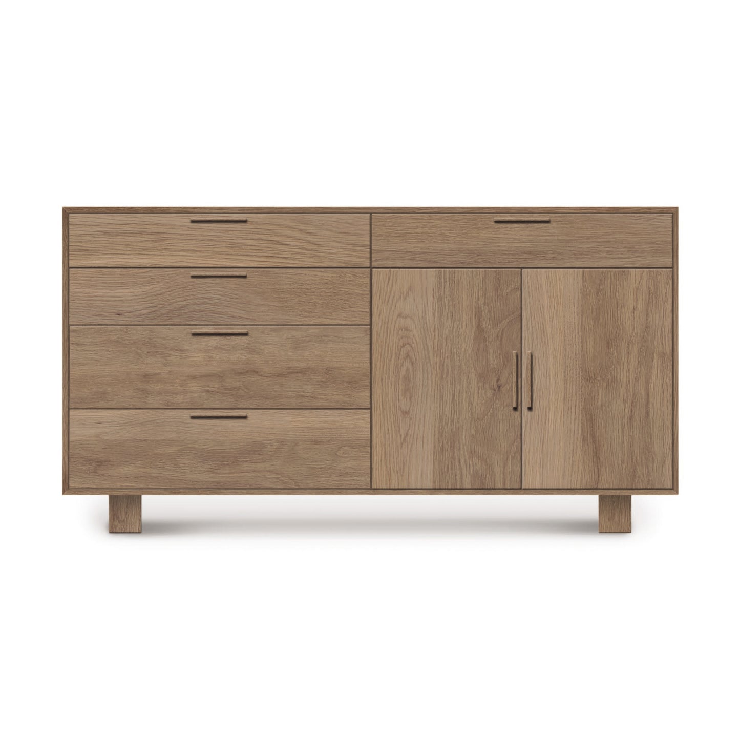 A solid hardwood Iso Oak 2 Door, 5 Drawer Buffet sideboard from Copeland Furniture, with three drawers on the left and two doors on the right, isolated on a white background.