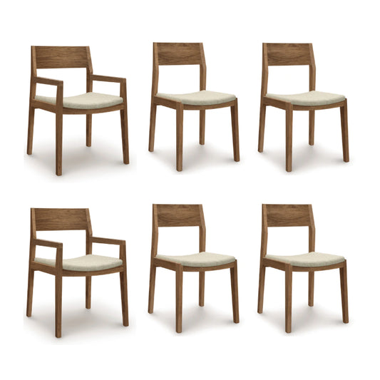 Set of six Copeland Furniture Iso Walnut Chairs featuring beige cushions, expertly crafted from sustainably sourced wood, made in Vermont.