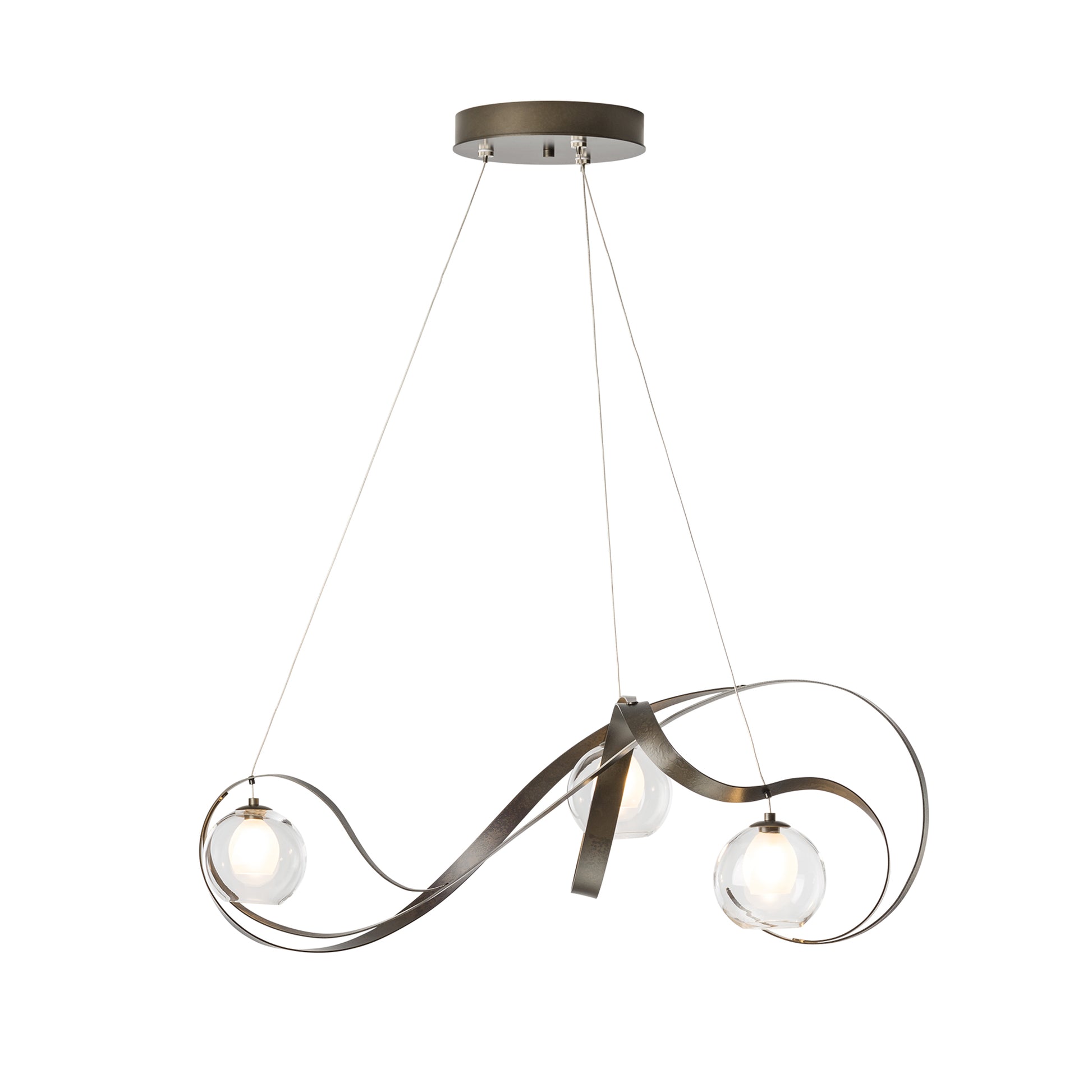 A handcrafted Karma Pendant chandelier with a metal frame and glass globes made by Hubbardton Forge.