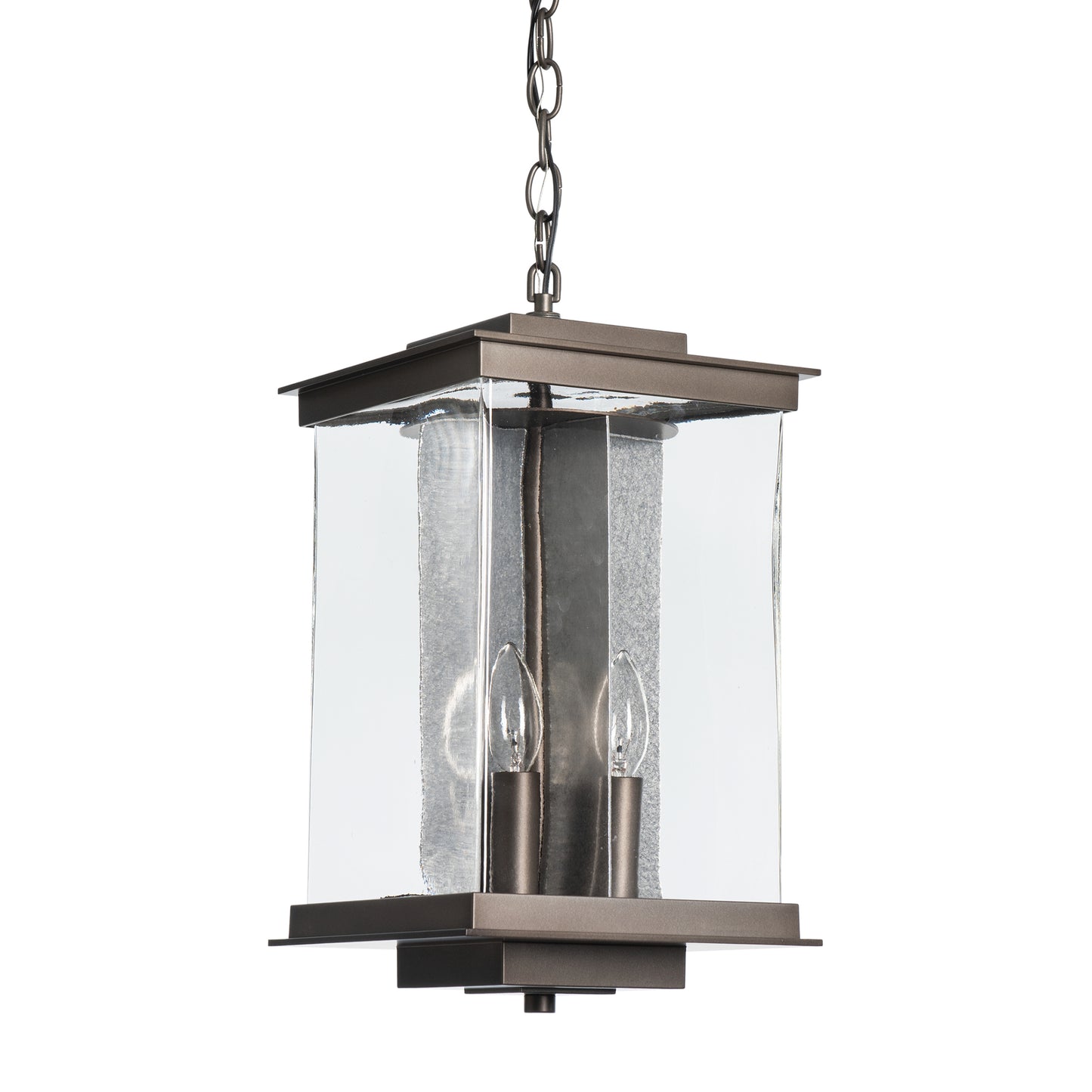 Kingston Outdoor Large Lantern by Hubbardton Forge with clear glass panels and two candle-style bulbs, highlighting elegant American craftsmanship.