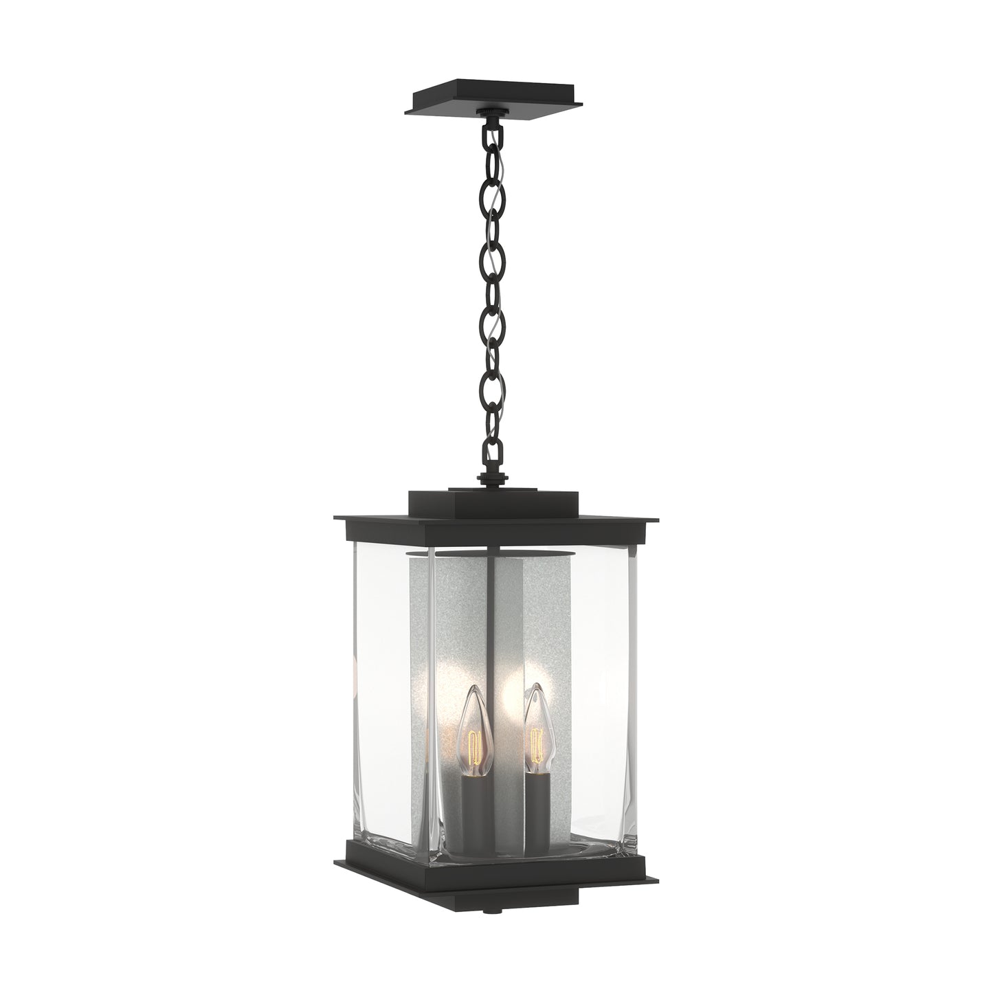 Kingston Outdoor Large Lantern by Hubbardton Forge featuring a black metal frame, clear glass panels, and two exposed bulbs.