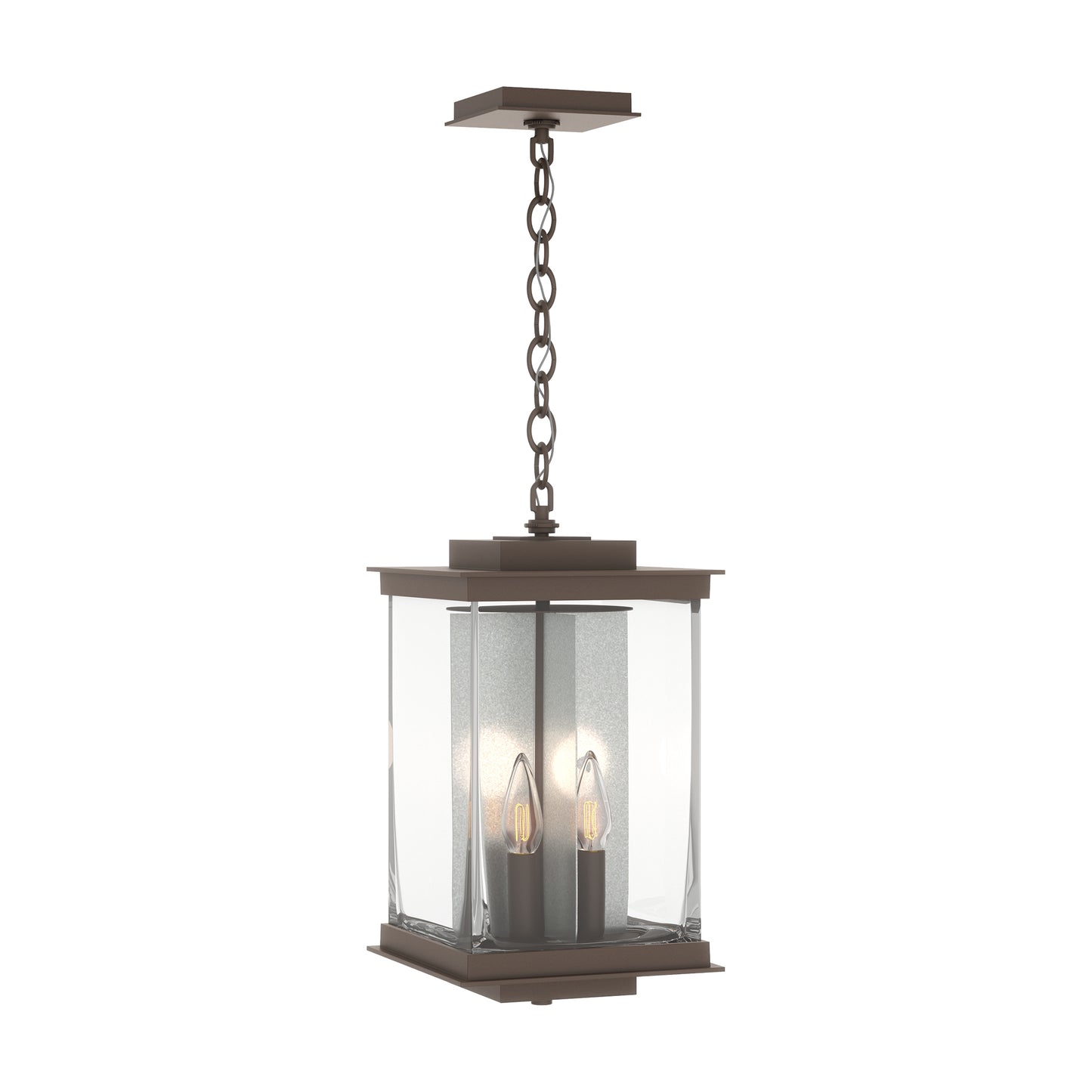 Kingston Outdoor Large Lantern by Hubbardton Forge with square bronze frame, clear glass panels, and two candle bulbs, showcasing elegant American-made craftsmanship.