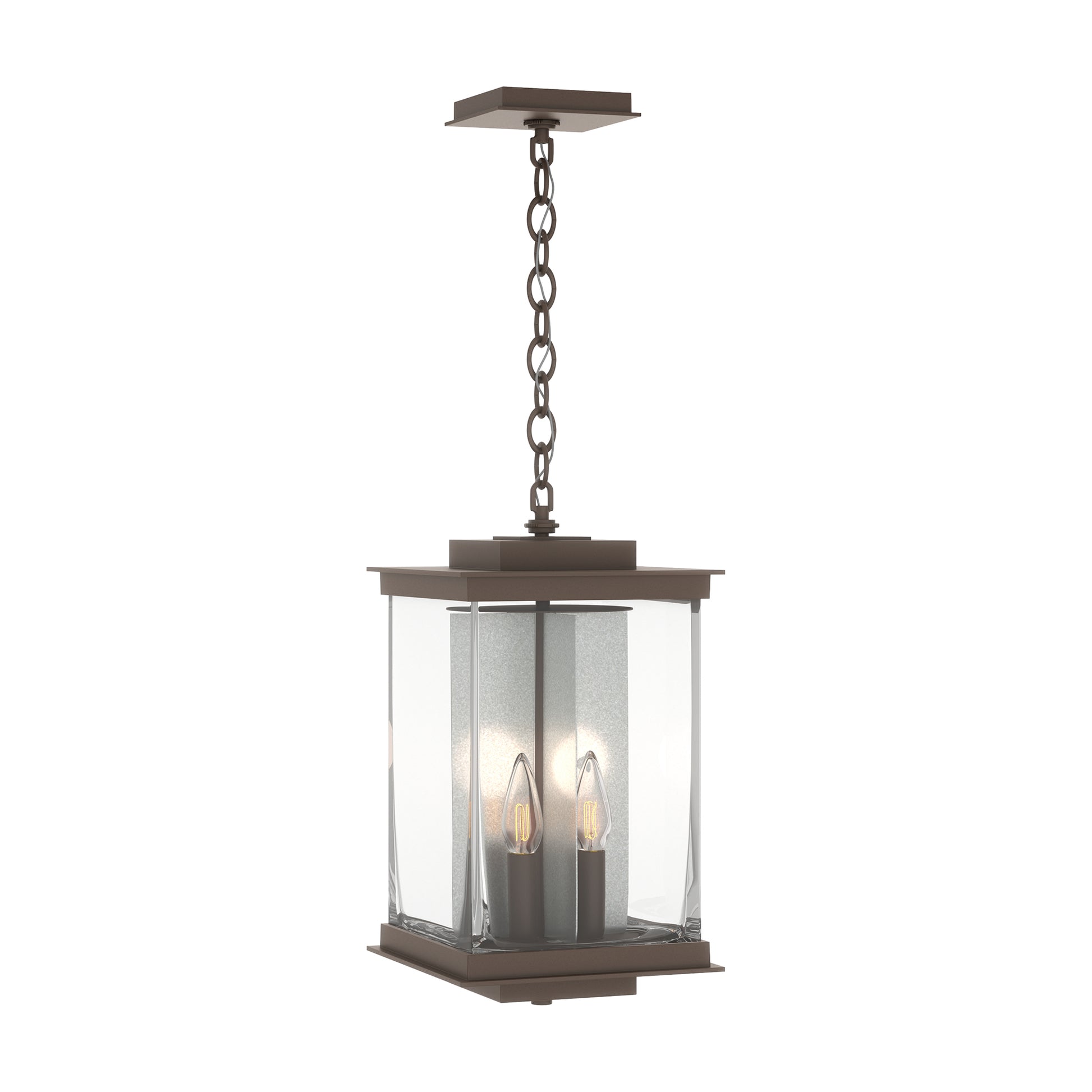 Kingston Outdoor Large Lantern by Hubbardton Forge with square bronze frame, clear glass panels, and two candle bulbs, showcasing elegant American-made craftsmanship.