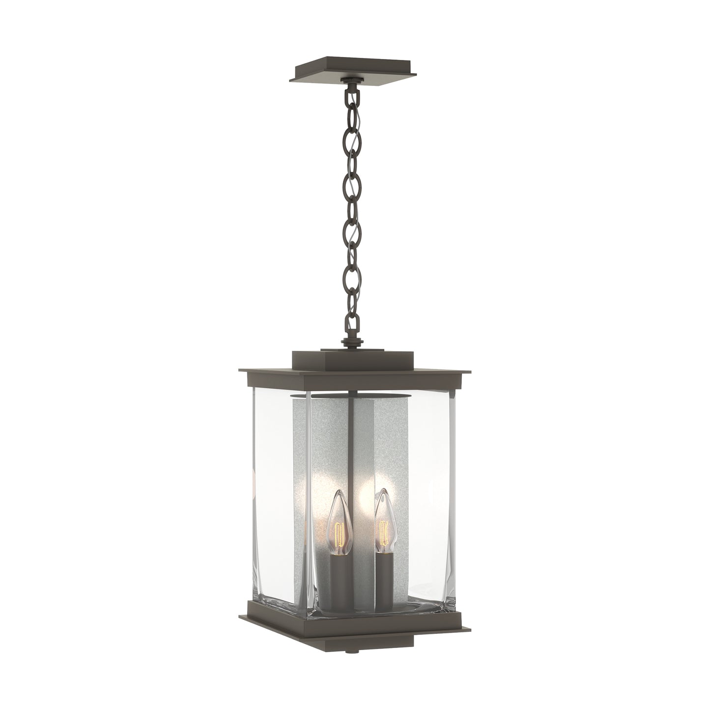 Hubbardton Forge Kingston Outdoor Large Lantern with square glass and metal frame, showcasing elegant craftsmanship and design.