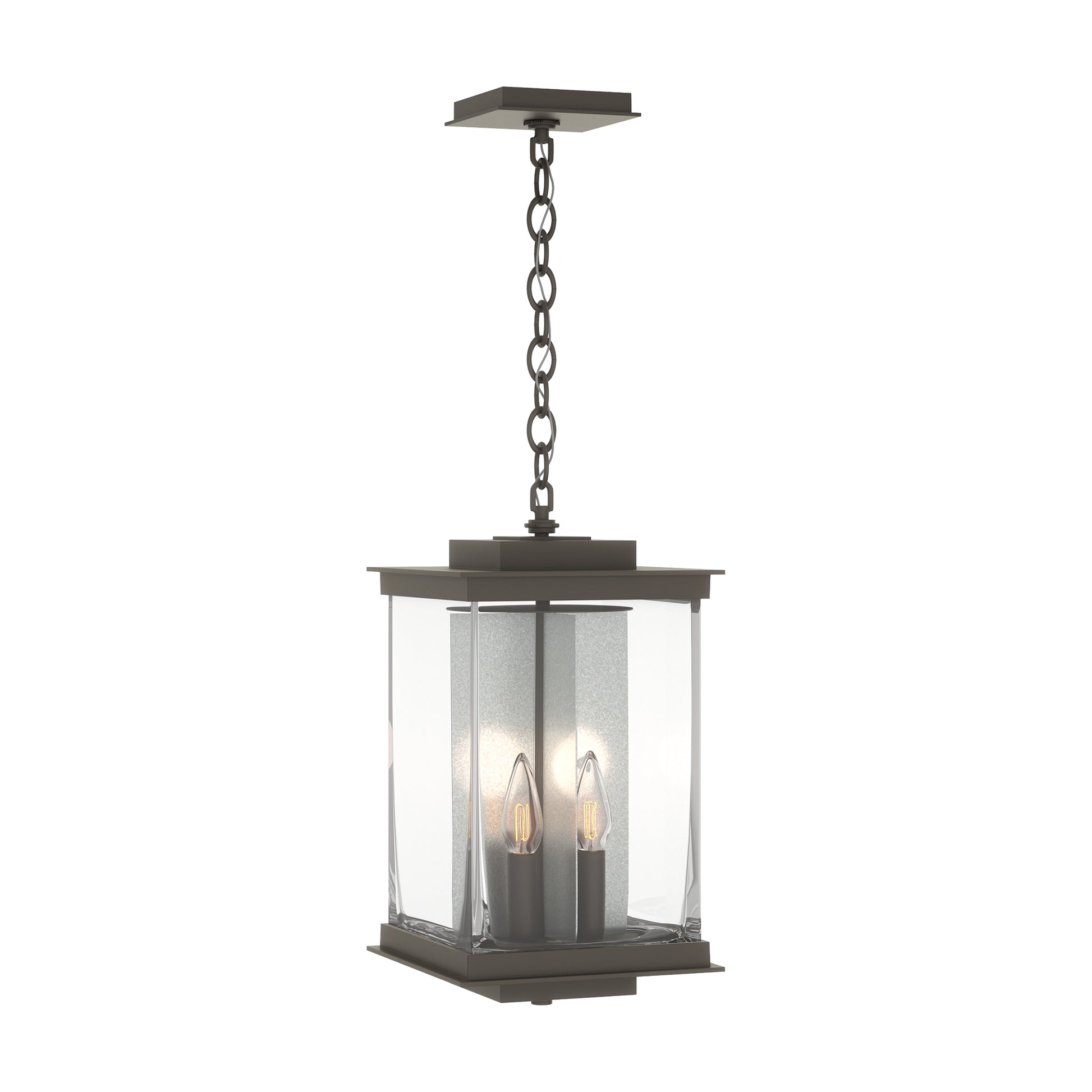 Hubbardton Forge Kingston Outdoor Large Lantern with square glass and metal frame, showcasing elegant craftsmanship and design.