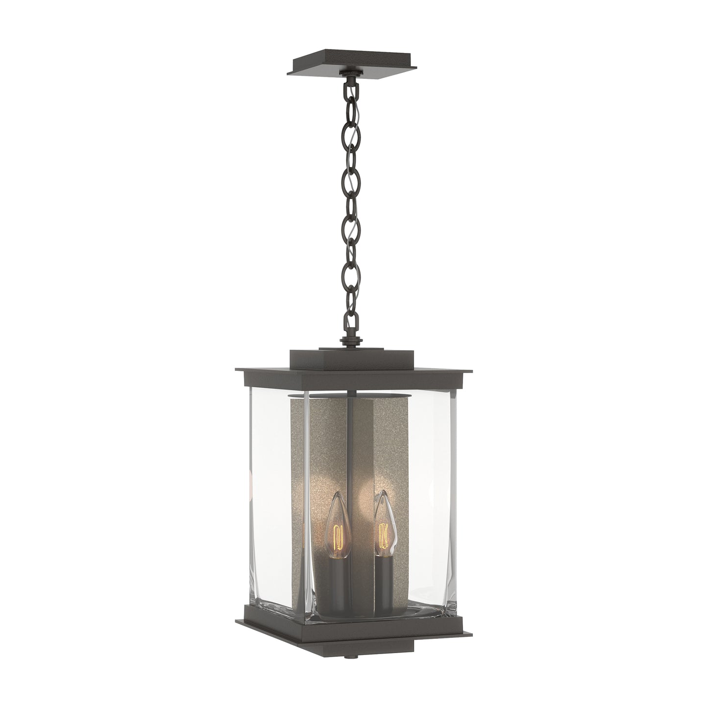 Kingston Outdoor Large Lantern by Hubbardton Forge with black metal and glass frame, showcasing two candle-style bulbs.