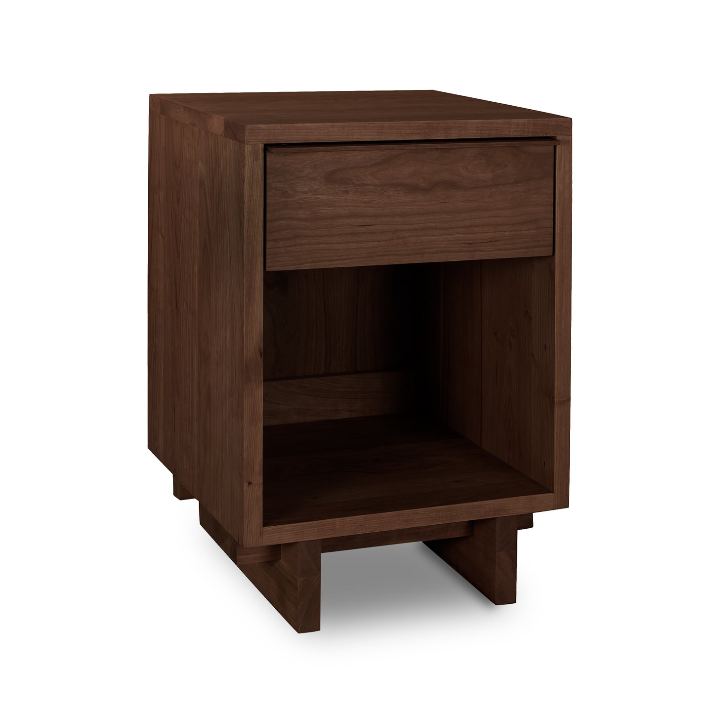Kipling 1-Drawer Enclosed Shelf Nightstand by Vermont Furniture Designs in dark brown natural wood with a modern design and four sturdy legs.