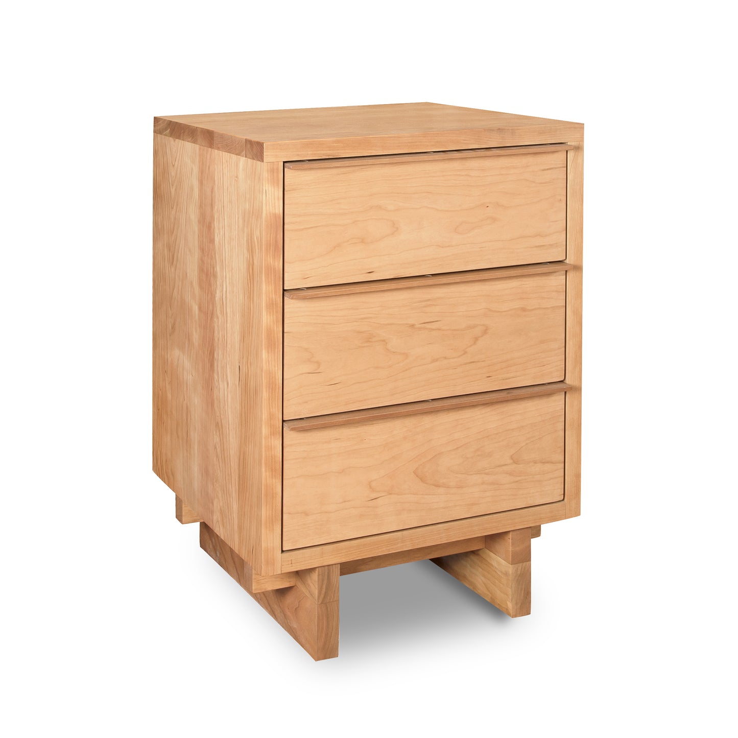 A modern design Vermont Furniture Designs Kipling 3-Drawer Nightstand isolated on a white background.
