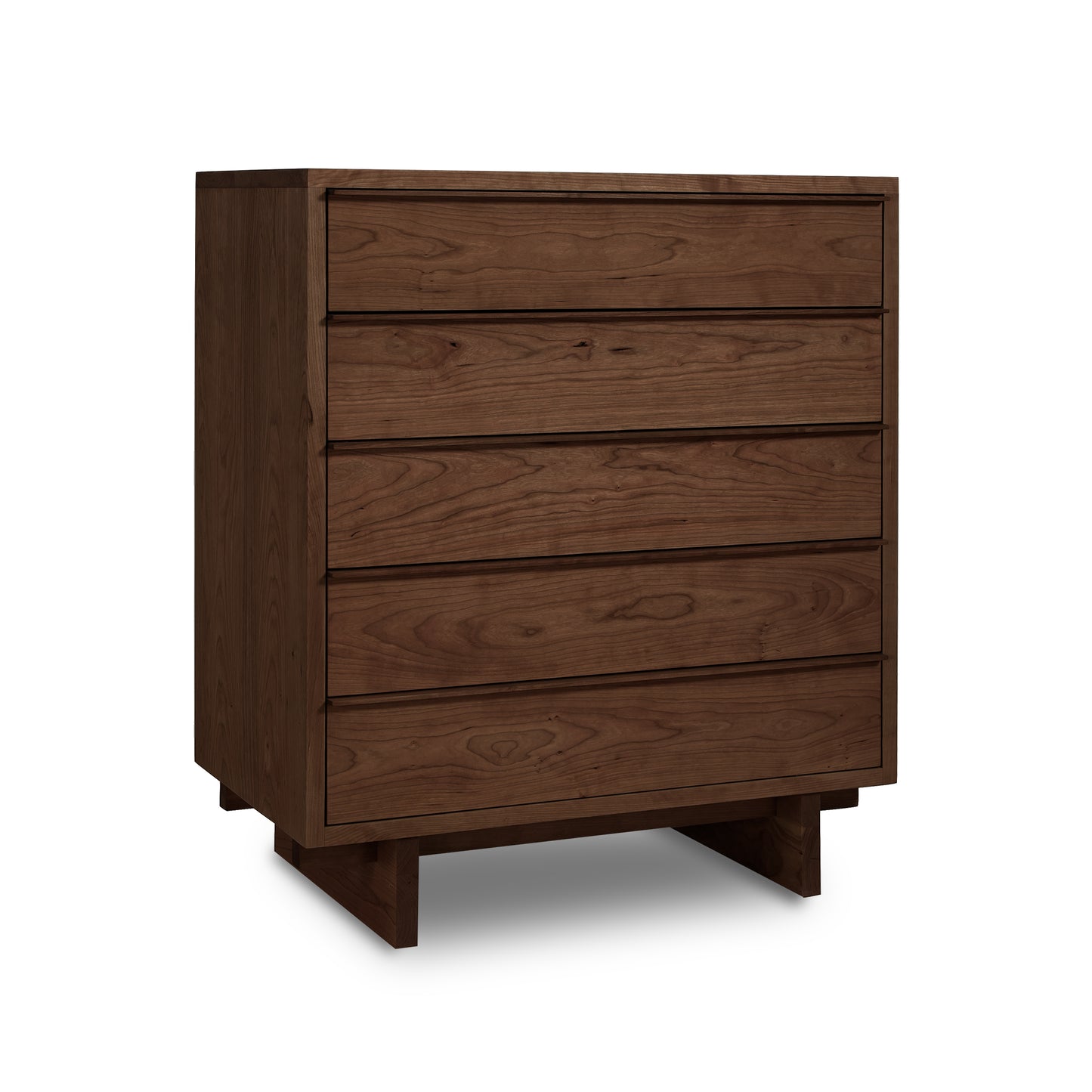 Handcrafted Kipling 5-Drawer Wide Chest by Vermont Furniture Designs in dark brown hardwood with striking grain patterns.