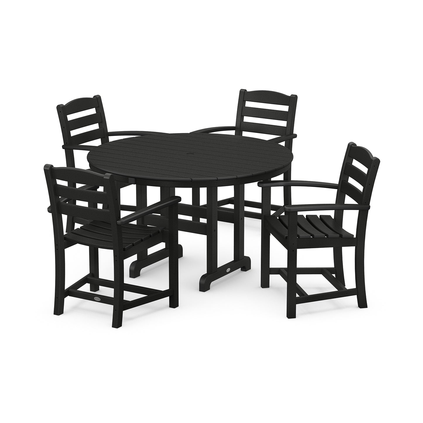 Black POLYWOOD La Casa Cafe 5-piece outdoor dining set with round table and four matching chairs.