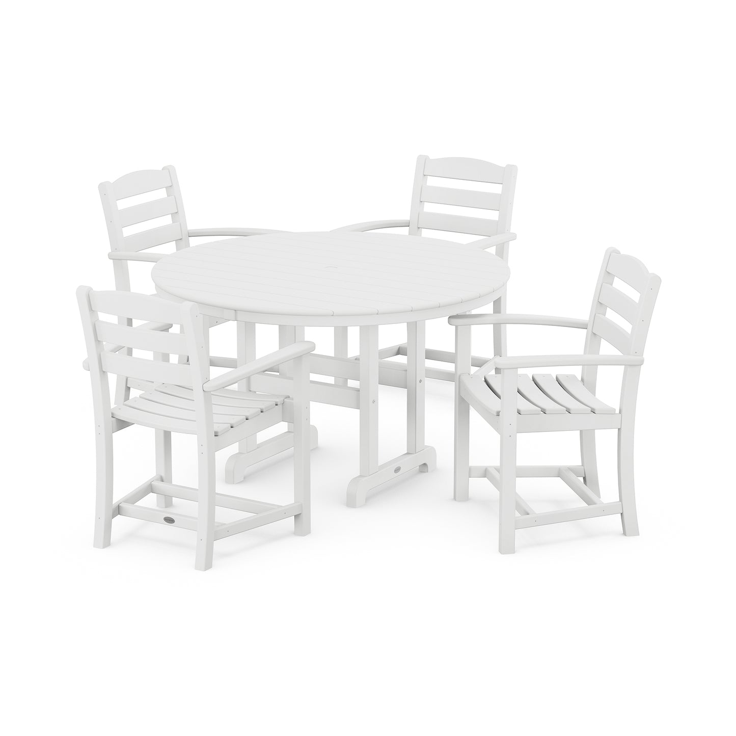A set of durable white POLYWOOD® La Casa Café 5-Piece Dining Set consisting of one round table and four chairs with vertical slat backs, all displayed against a plain white background.