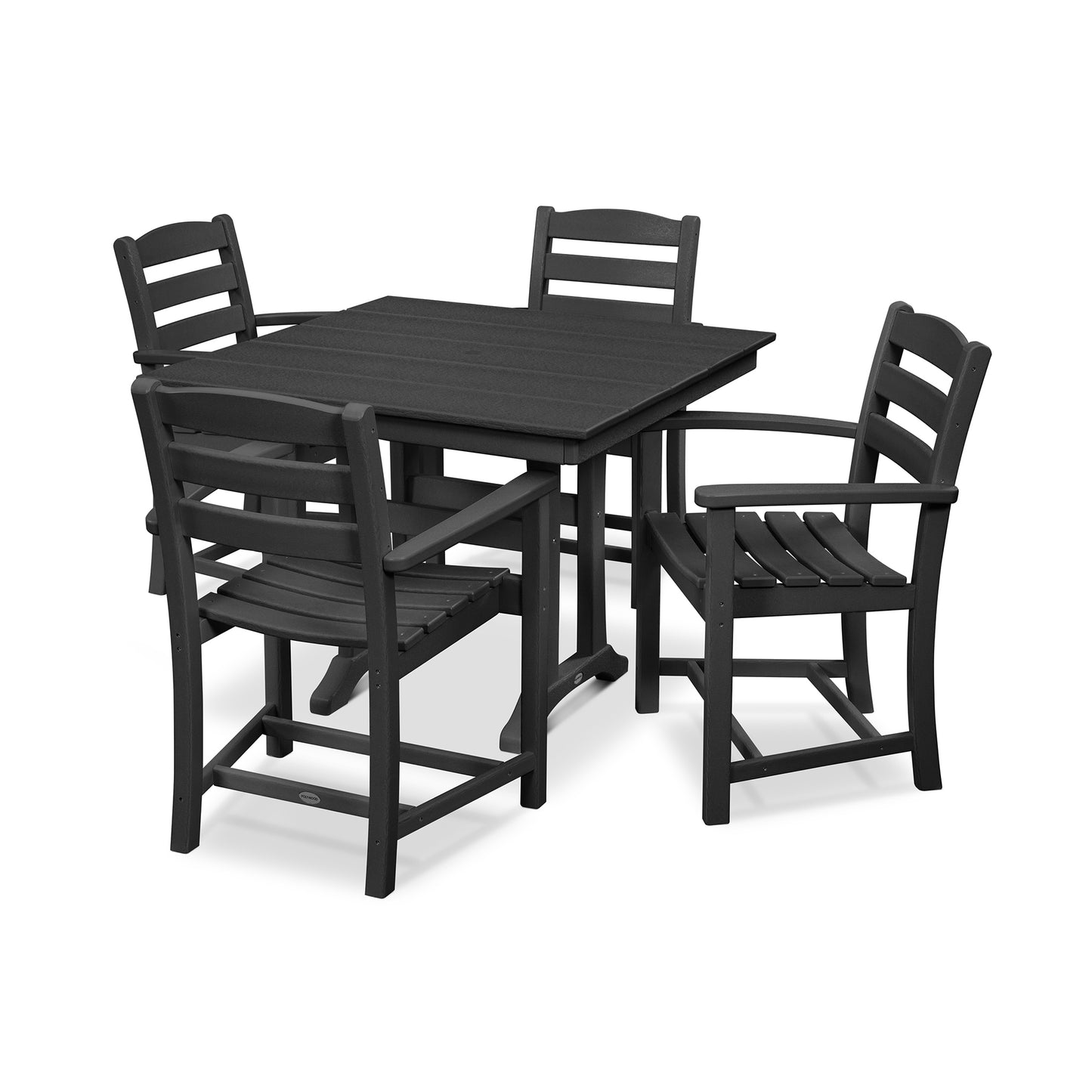 A modern outdoor dining set consisting of a square, black table and four matching chairs, all made of fade-resistant POLYWOOD lumber, displayed against a white background.
