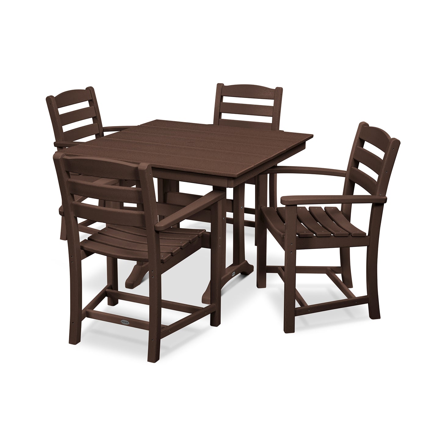 A brown outdoor dining set composed of a square table and four chairs, all made of weather-resistant POLYWOOD lumber, arranged against a plain white background.