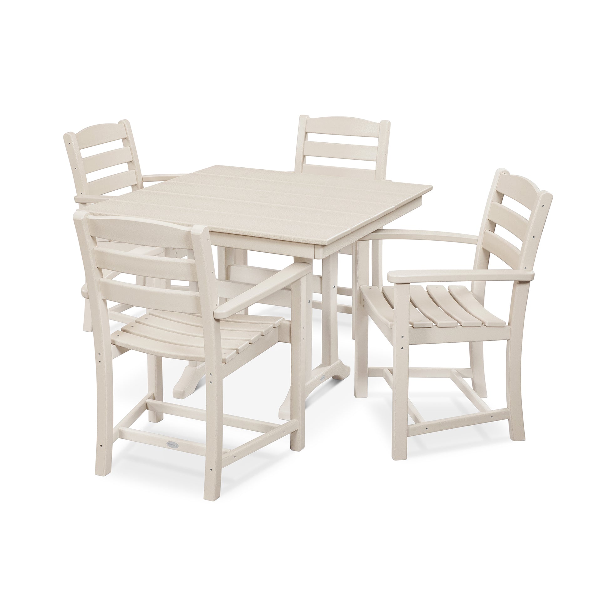 A white POLYWOOD La Casa Cafe 5-Piece Farmhouse Trestle Arm Chair Dining Set consisting of a square table and four matching chairs made of synthetic materials, displayed against a plain white background.