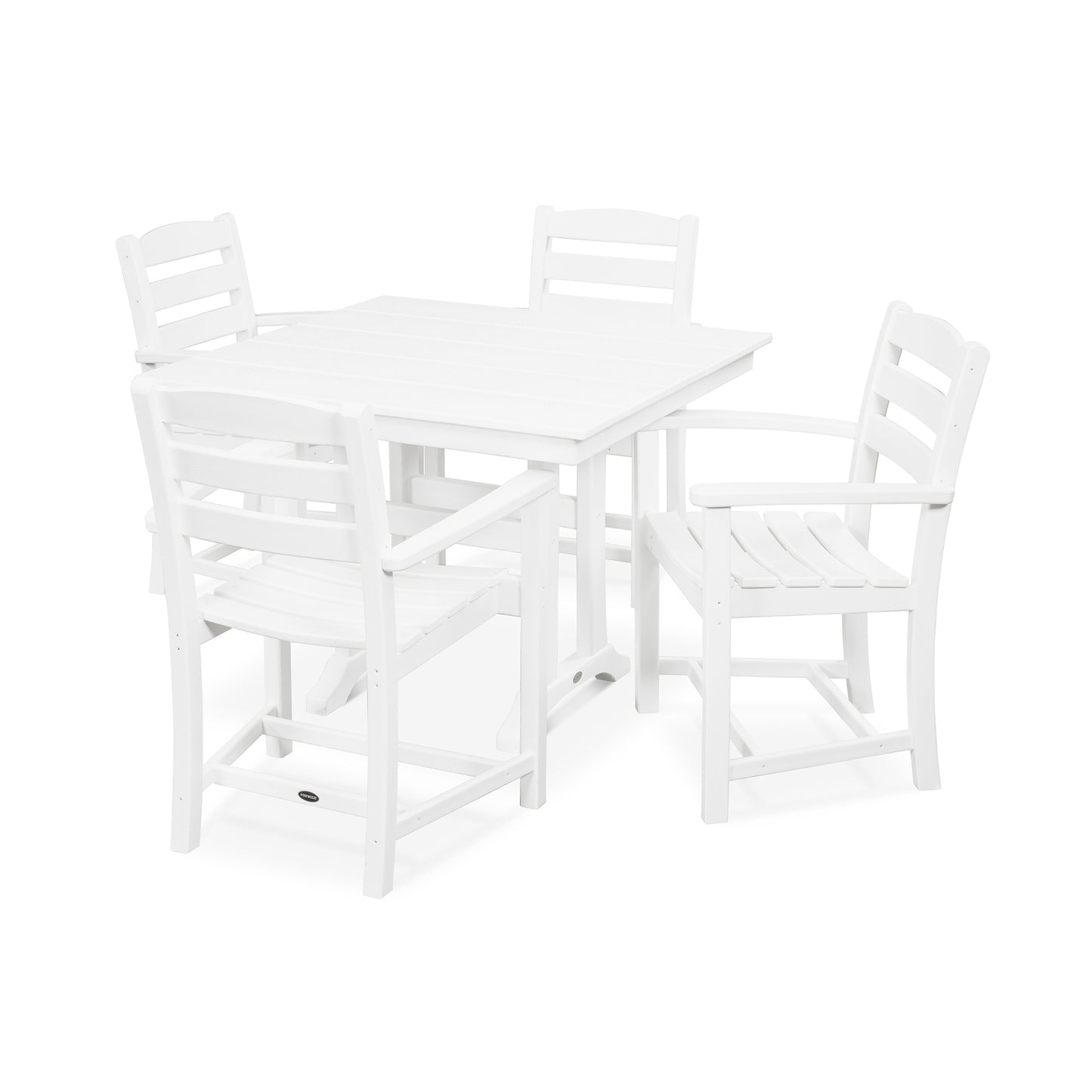 A white POLYWOOD La Casa Cafe 5-Piece Farmhouse Trestle Arm Chair Dining Set consisting of a square table and four chairs with slatted backs, isolated on a white background.