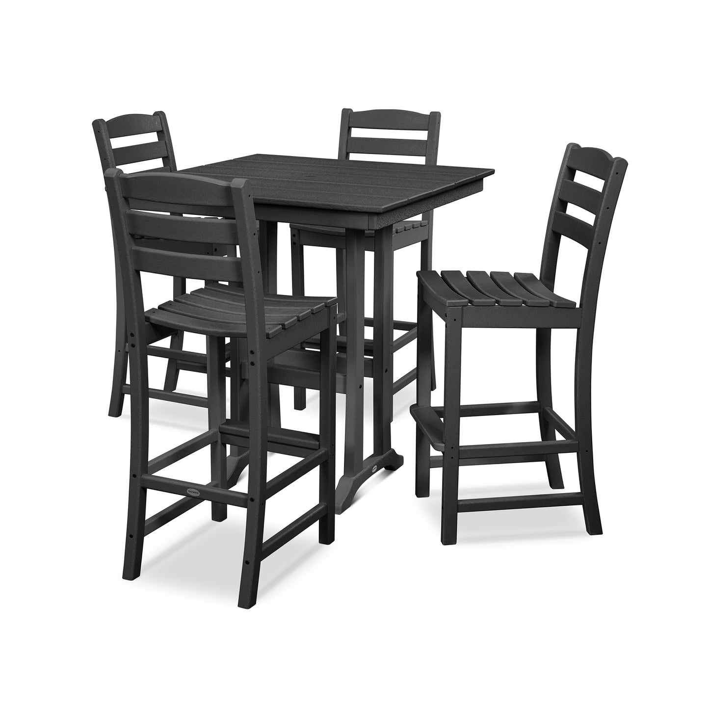 A set of modern all-weather outdoor bar furniture, consisting of a high square table and four tall chairs, all made of dark gray POLYWOOD® lumber, isolated on a white background.