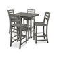 A five-piece all-weather outdoor bar set featuring a square high-top table and four matching bar-style chairs, all made from gray POLYWOOD La Casa Cafe lumber designed to imitate wood.