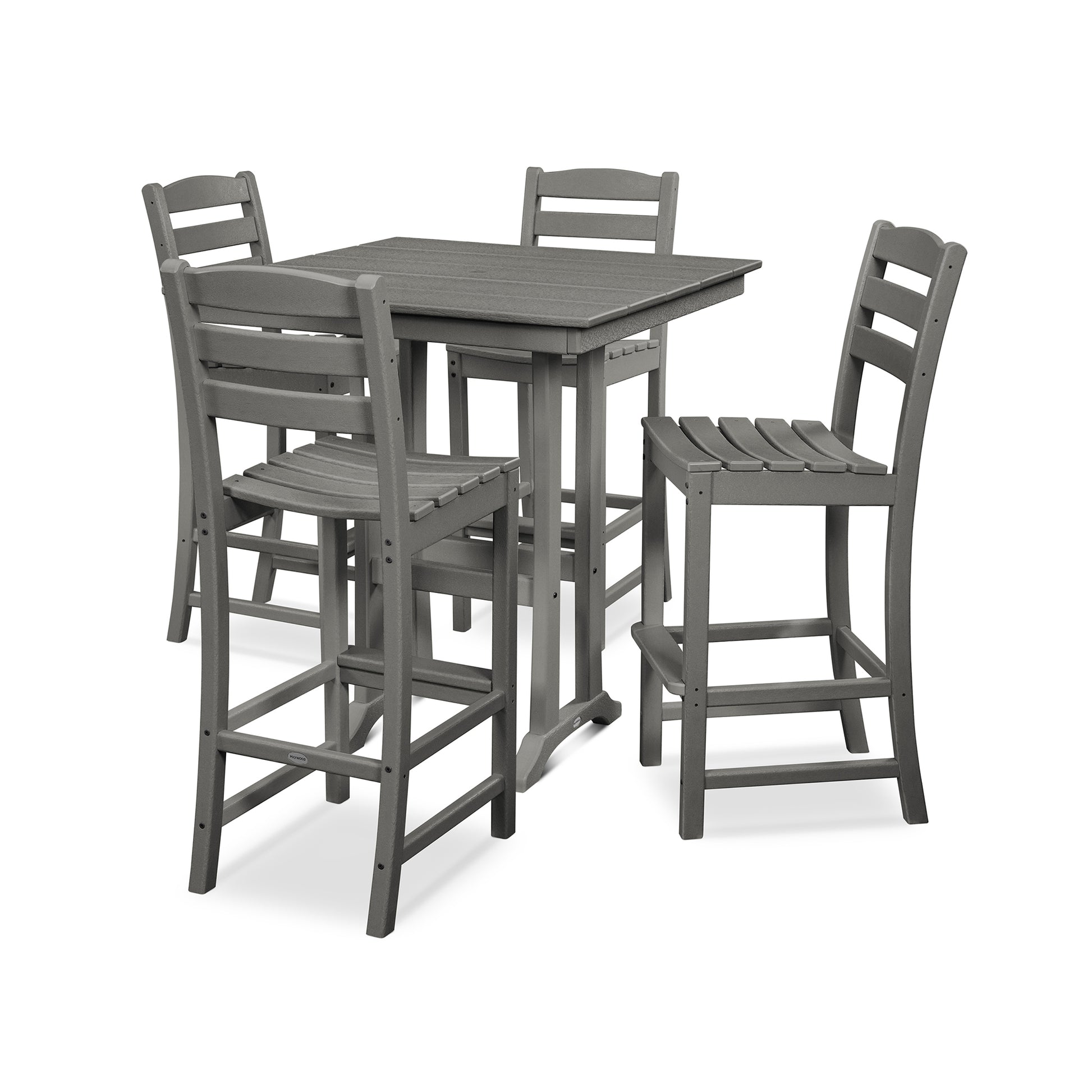 POLYWOOD La Casa Cafe 5-Piece Farmhouse Trestle Bar Set featuring a durable, weather-resistant gray table and four matching chairs ideal for outdoor dining.