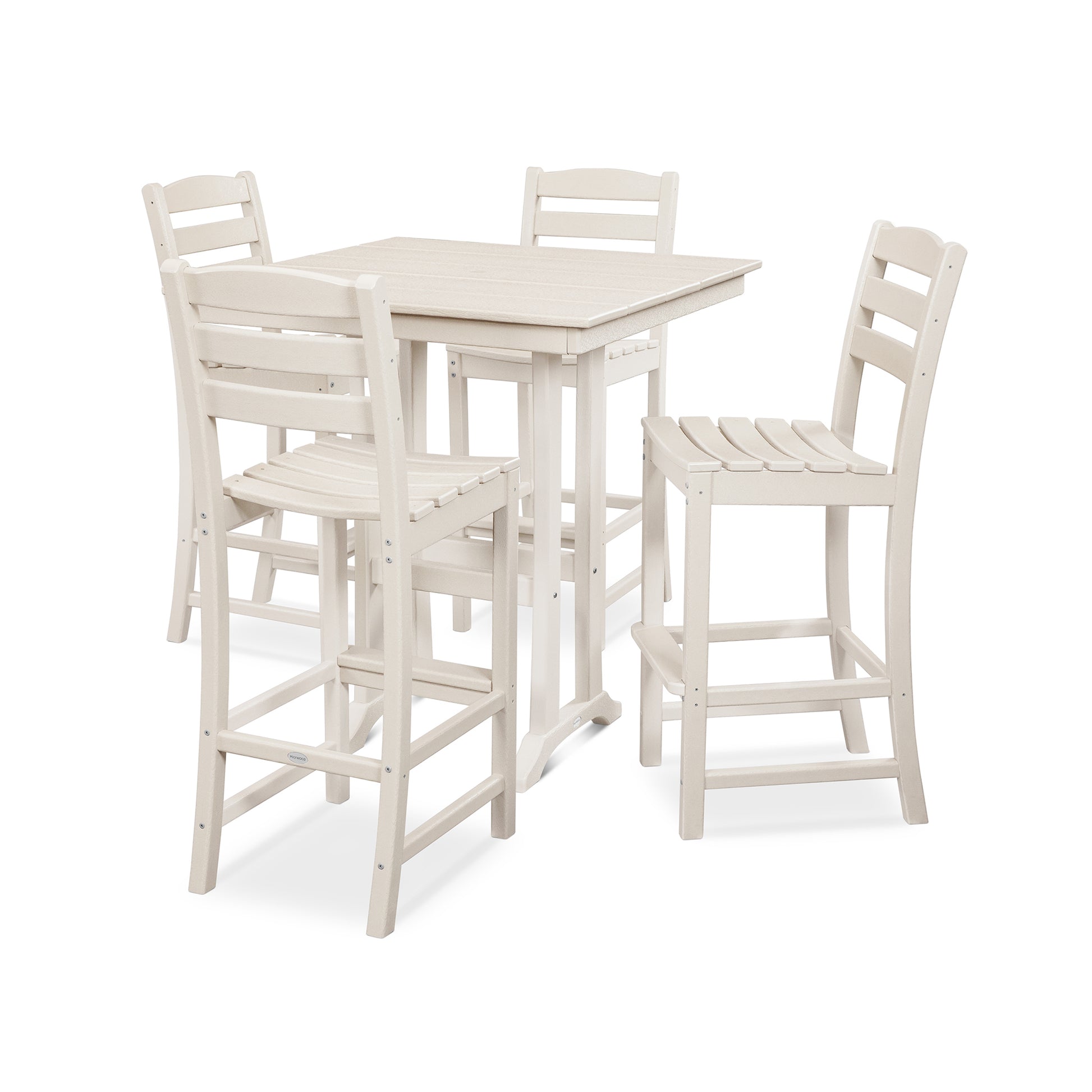 A modern all-weather outdoor bar set featuring a tall, square white table and three matching bar stools, each piece is constructed from POLYWOOD La Casa Cafe 5-Piece Farmhouse Trestle Bar Set, designed for patio or garden use.